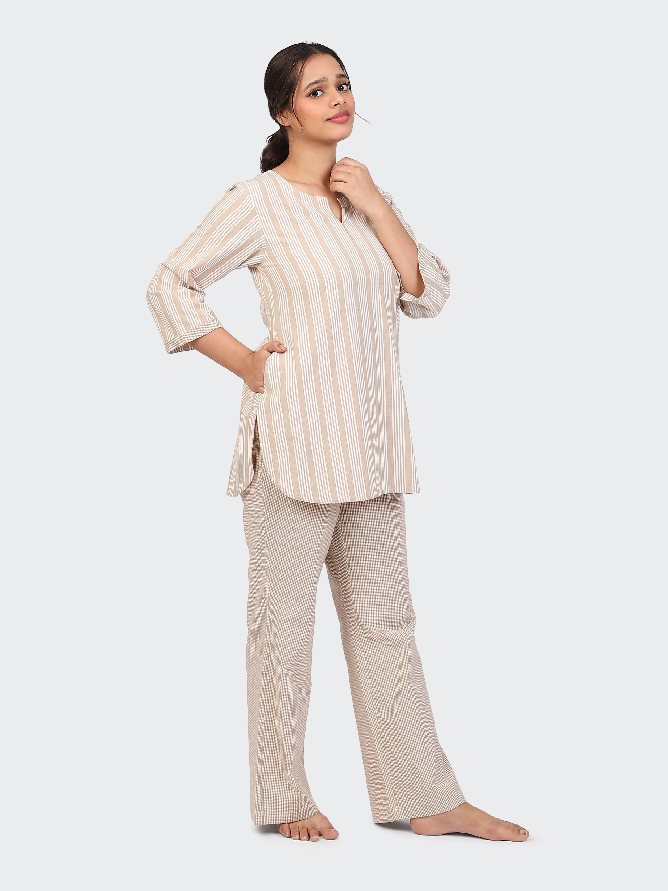 FINE COTTON COMFORTABLE CO-ORD SET-BEIGE
