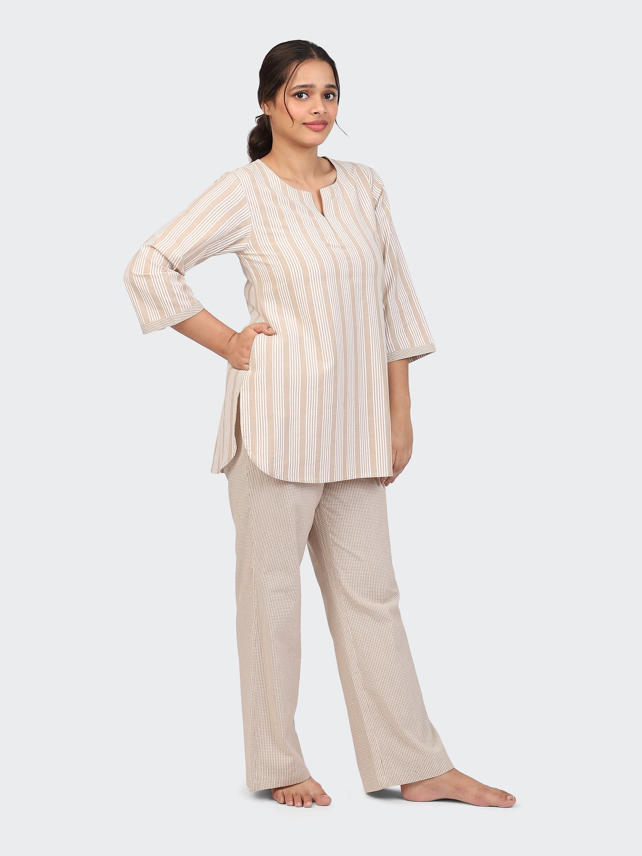 FINE COTTON COMFORTABLE CO-ORD SET-BEIGE