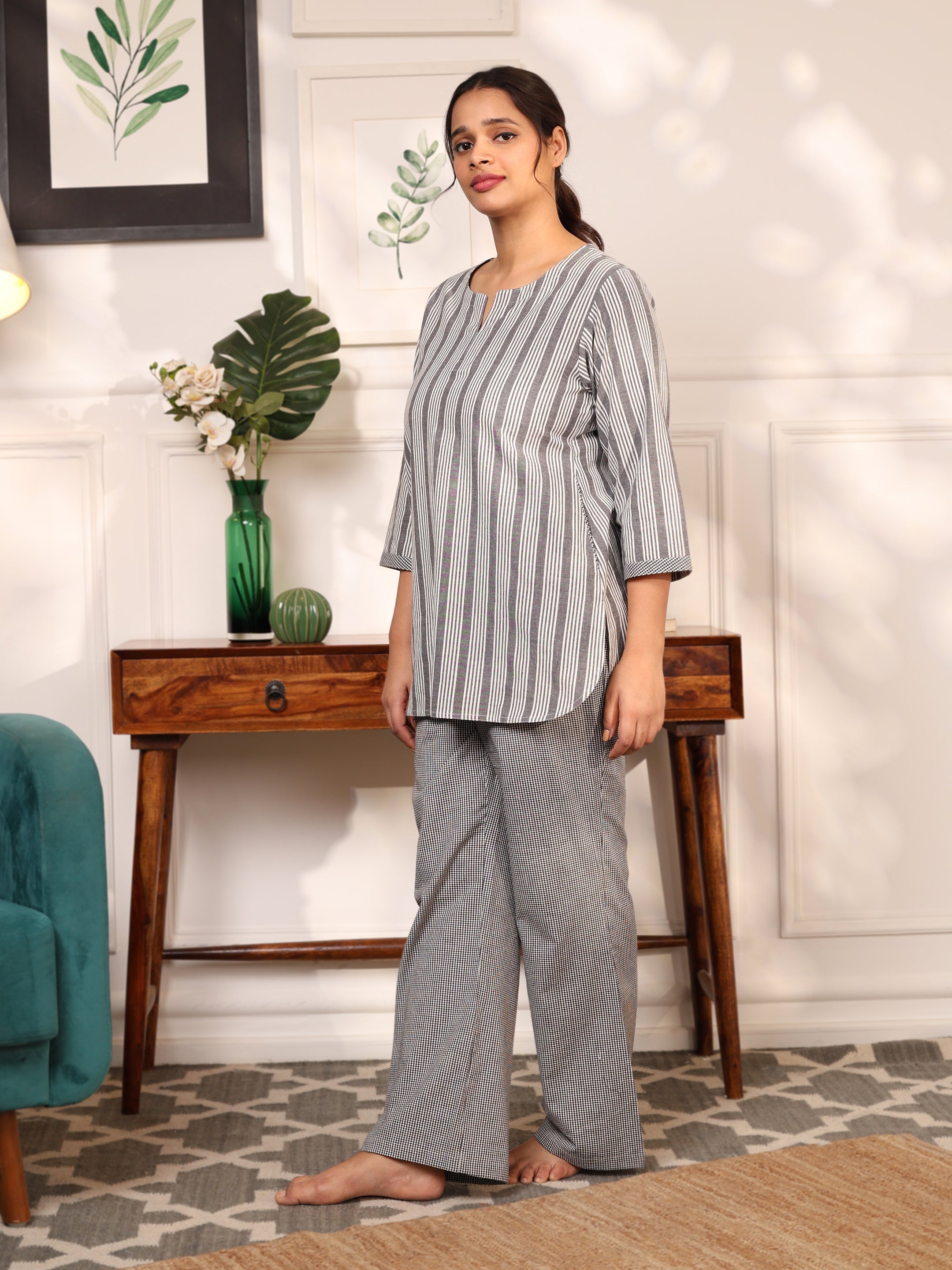 FINE COTTON COMFORTABLE CO-ORD SET-GREY
