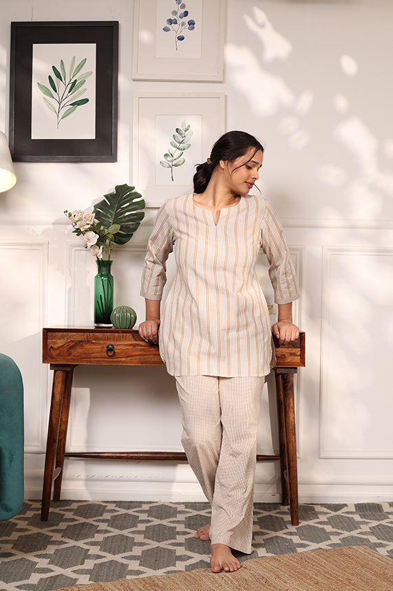 FINE COTTON COMFORTABLE CO-ORD SET-BEIGE