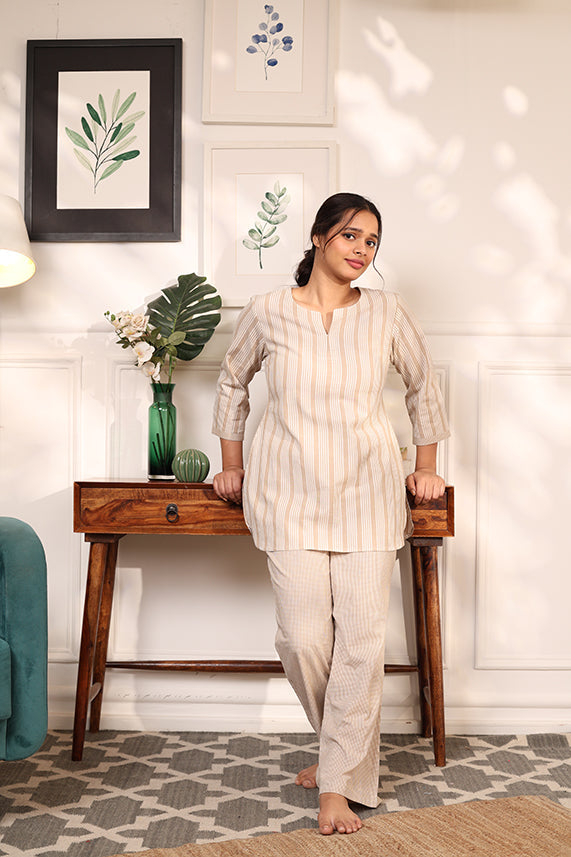 FINE COTTON COMFORTABLE CO-ORD SET-BEIGE