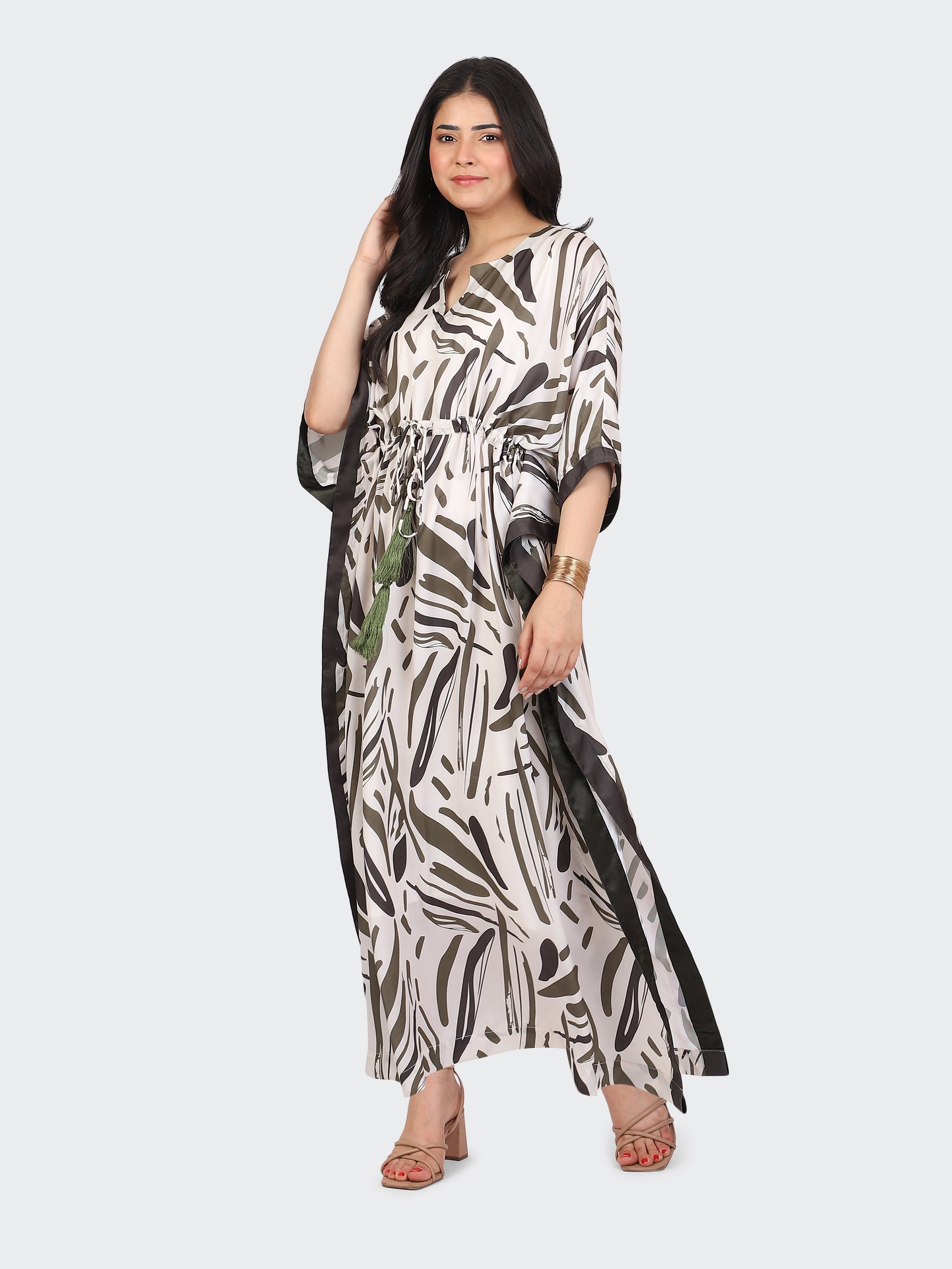 FLOOR-LENGTH KAFTAN DRESS FEATURING STRING AT WAIST AND TASSELS-GREEN