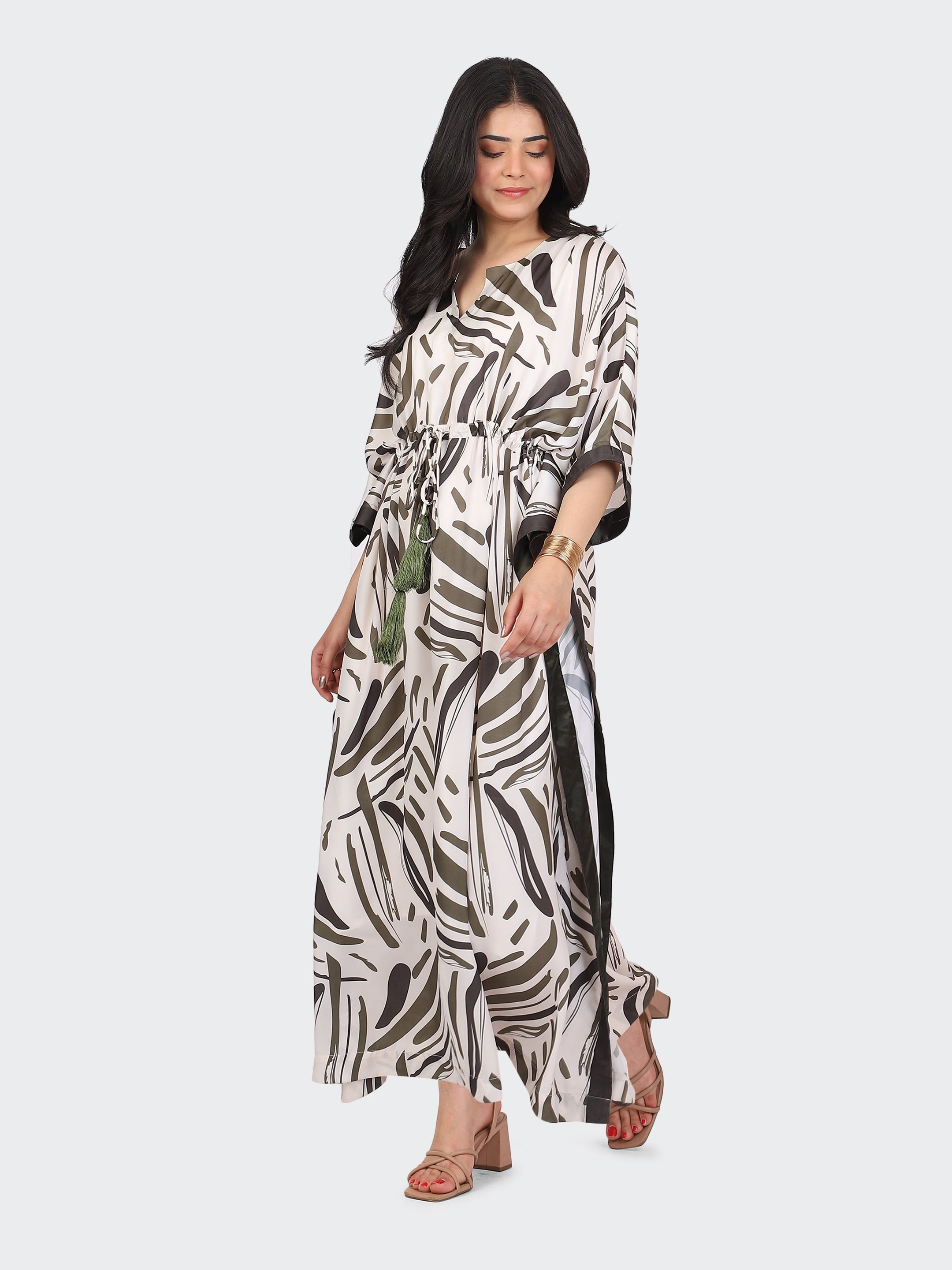 FLOOR-LENGTH KAFTAN DRESS FEATURING STRING AT WAIST AND TASSELS-GREEN