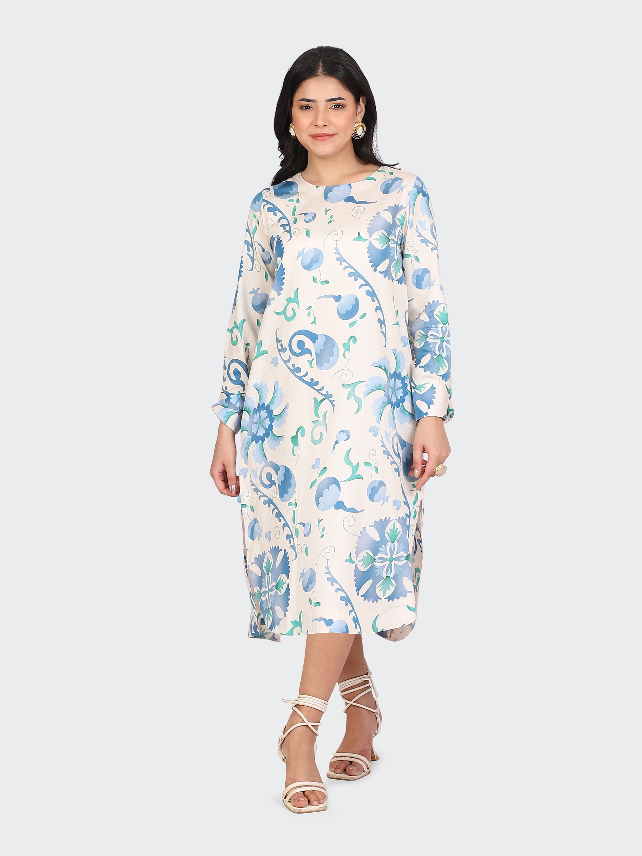 SPRING CALF-LENGTH DRESS-SKYBLUE