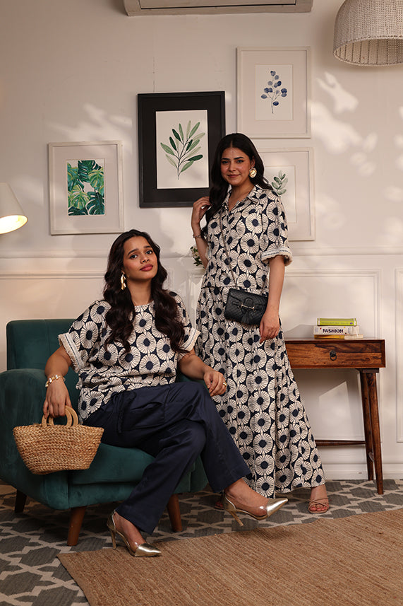 CO-ORDS BOHEMIAN LOOK, SHORT TOP, AND SHARARA PANT-NAVY