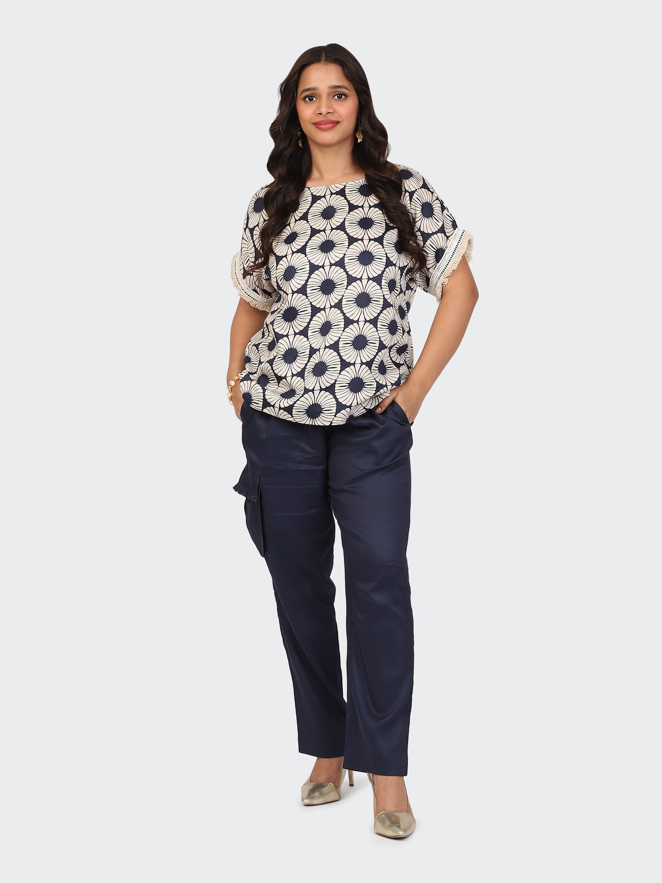 CO-ORDS BOHEMIAN LOOK, PANT FEATURING CARGO POCKET ON SIDE-NAVY