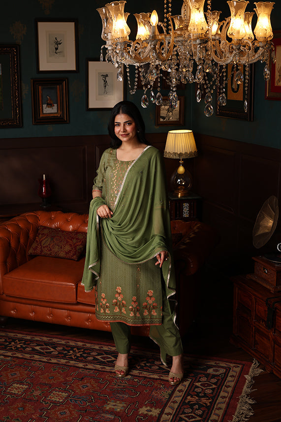 KURTA SET FEATURING HAND-EMBROIDERED FRONT, DUPATTA WITH HAND EMBROIDERY,LACE ALL AROUND-GREEN