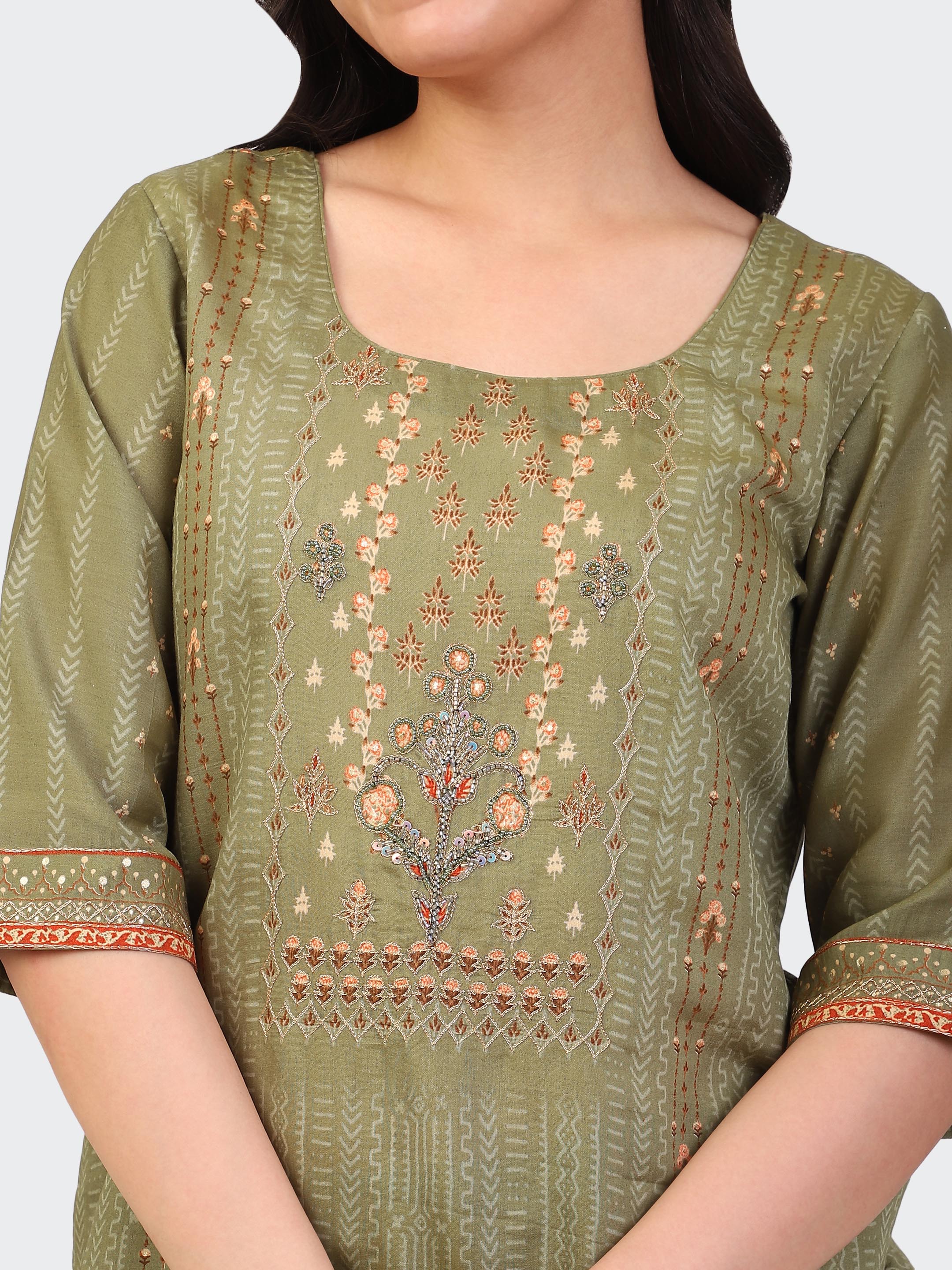 KURTA SET FEATURING HAND-EMBROIDERED FRONT, DUPATTA WITH HAND EMBROIDERY,LACE ALL AROUND-GREEN