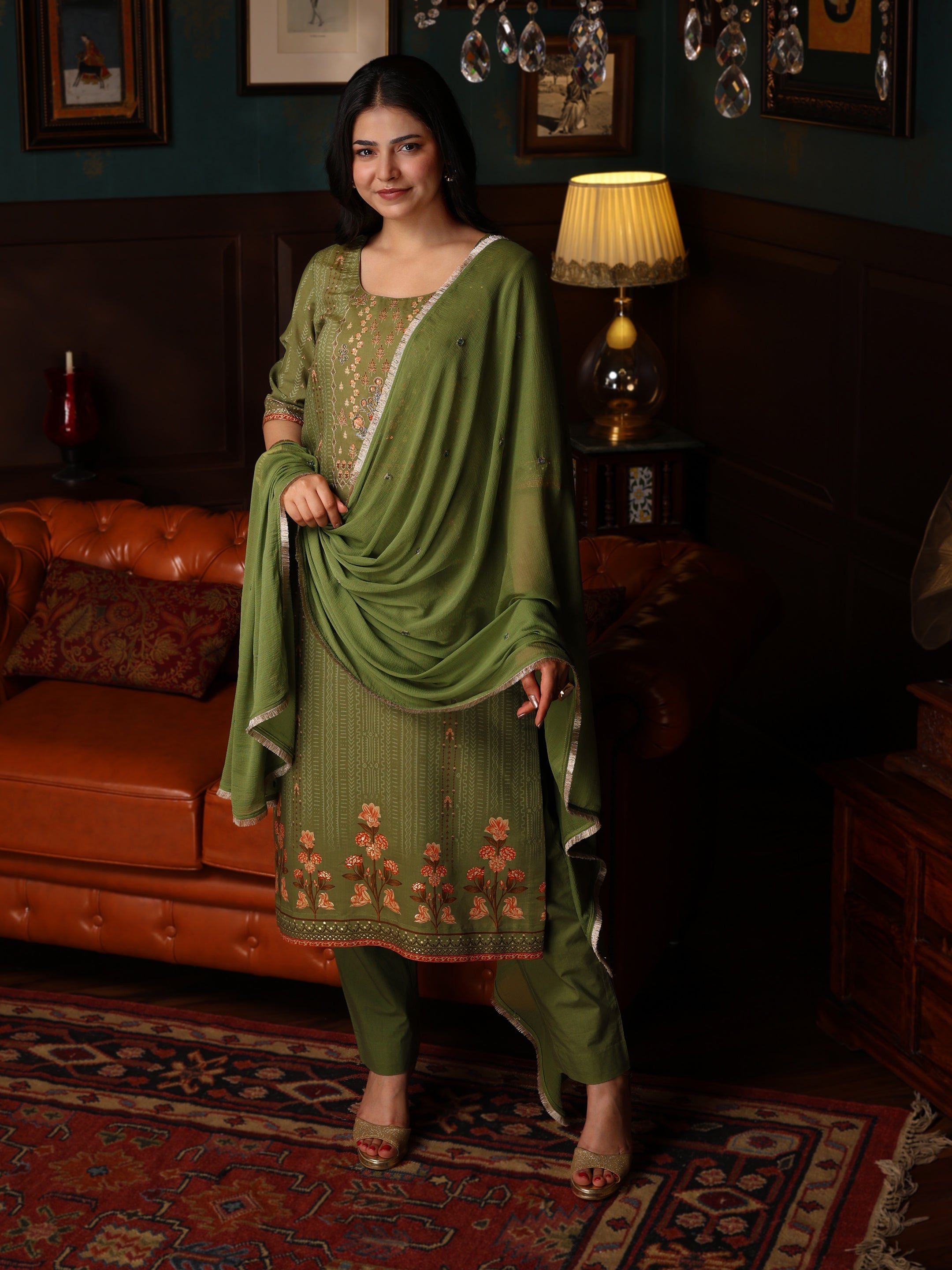 KURTA SET FEATURING HAND-EMBROIDERED FRONT, DUPATTA WITH HAND EMBROIDERY,LACE ALL AROUND-GREEN