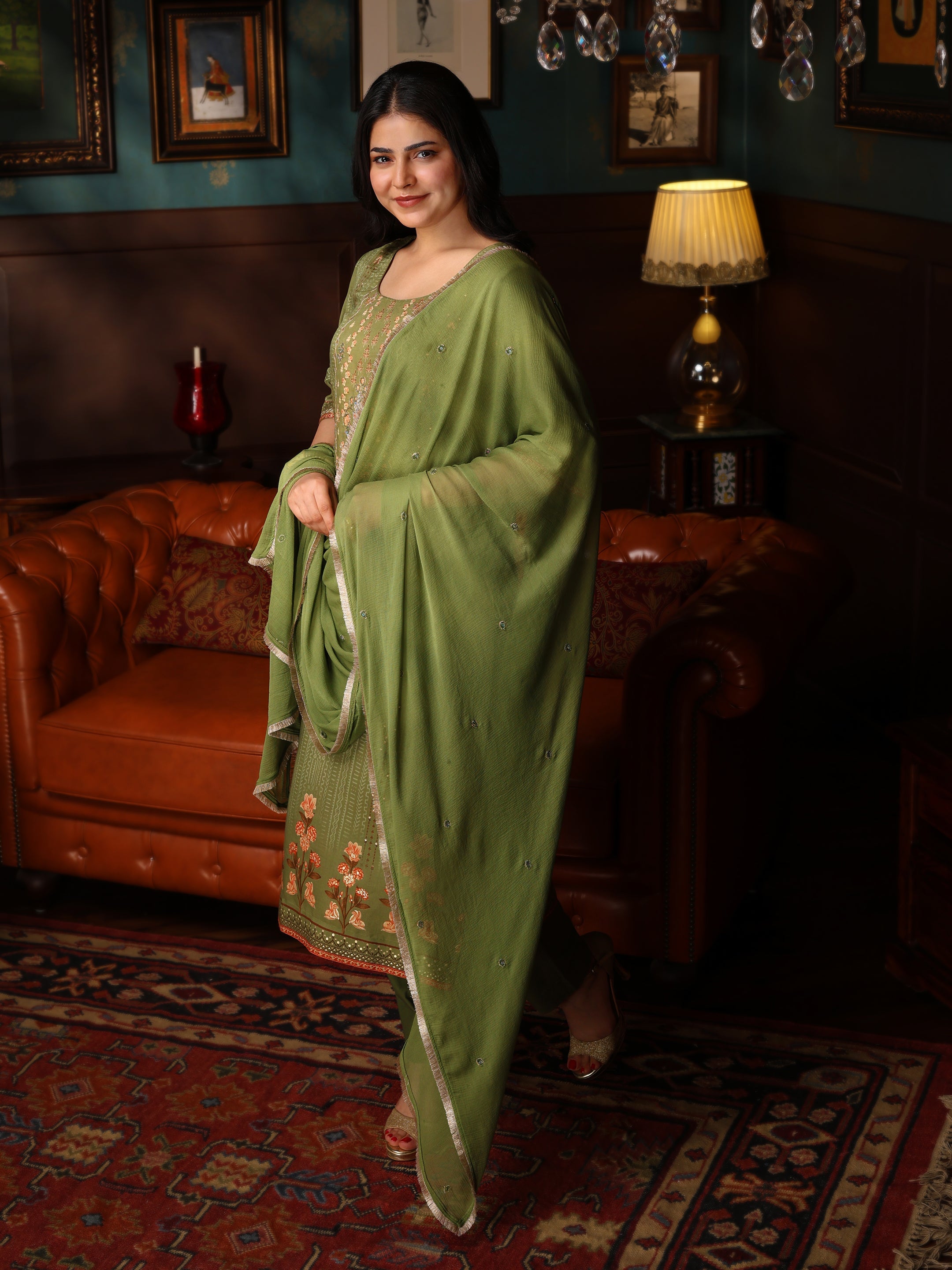 KURTA SET FEATURING HAND-EMBROIDERED FRONT, DUPATTA WITH HAND EMBROIDERY,LACE ALL AROUND-GREEN
