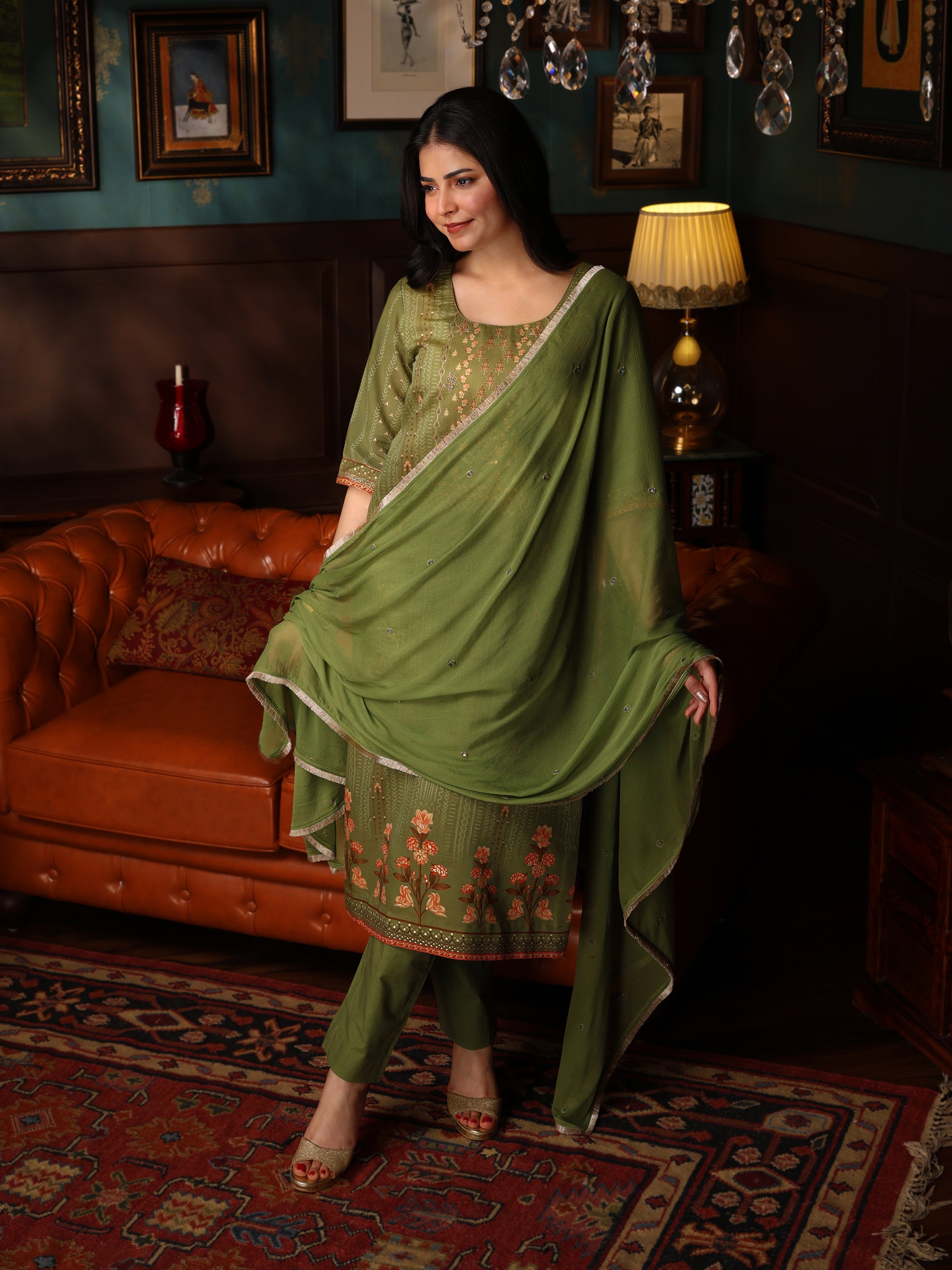 KURTA SET FEATURING HAND-EMBROIDERED FRONT, DUPATTA WITH HAND EMBROIDERY,LACE ALL AROUND-GREEN