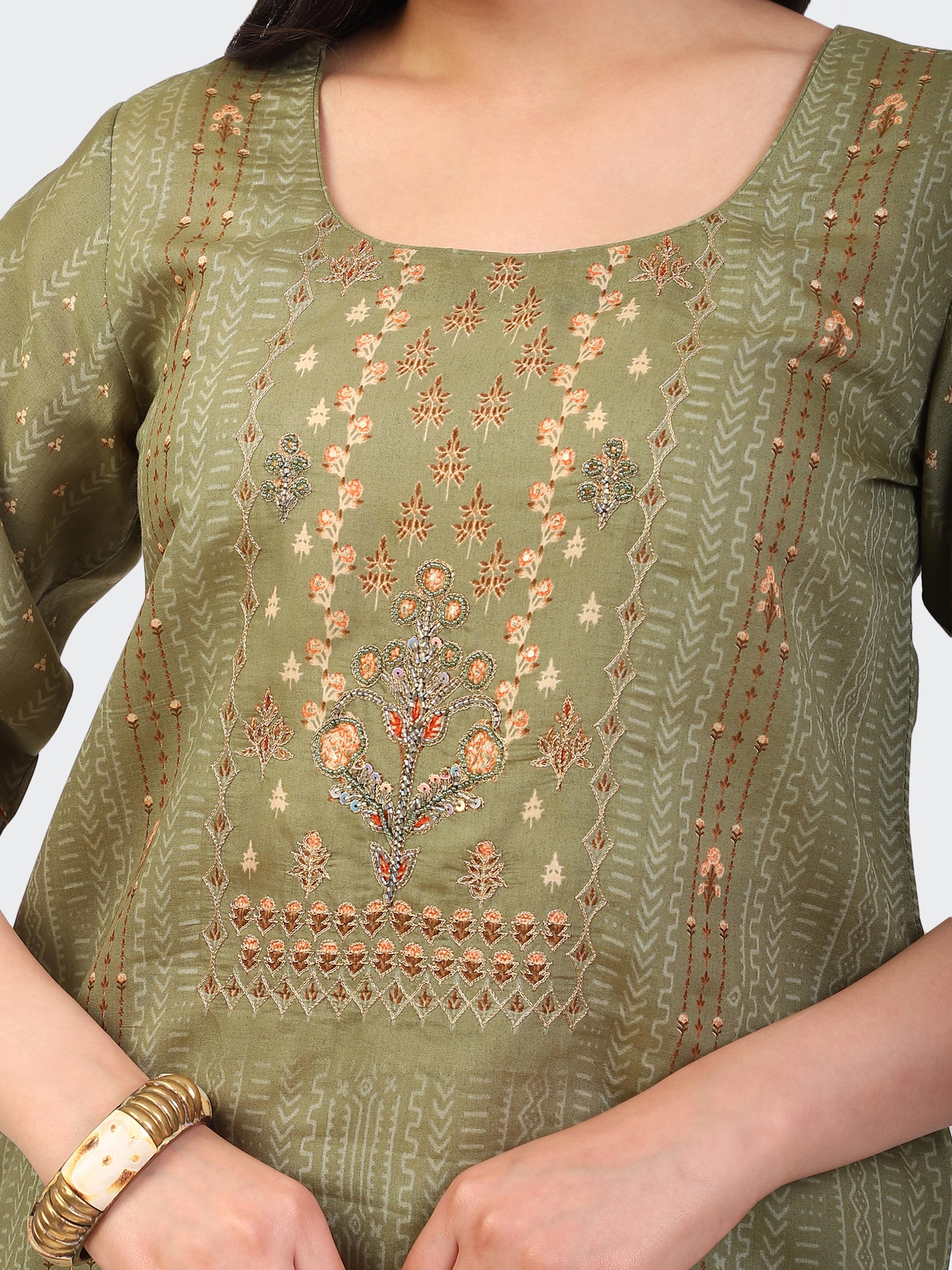 KURTA SET FEATURING HAND-EMBROIDERED FRONT, DUPATTA WITH HAND EMBROIDERY,LACE ALL AROUND-GREEN