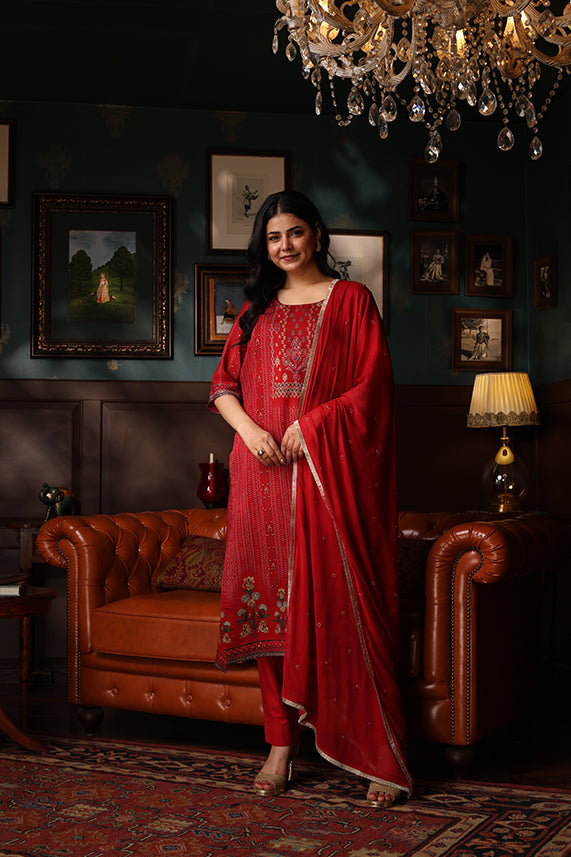 KURTA SET FEATURING HAND-EMBROIDERED FRONT, DUPATTA WITH HAND EMBROIDERY,LACE ALL AROUND-RED