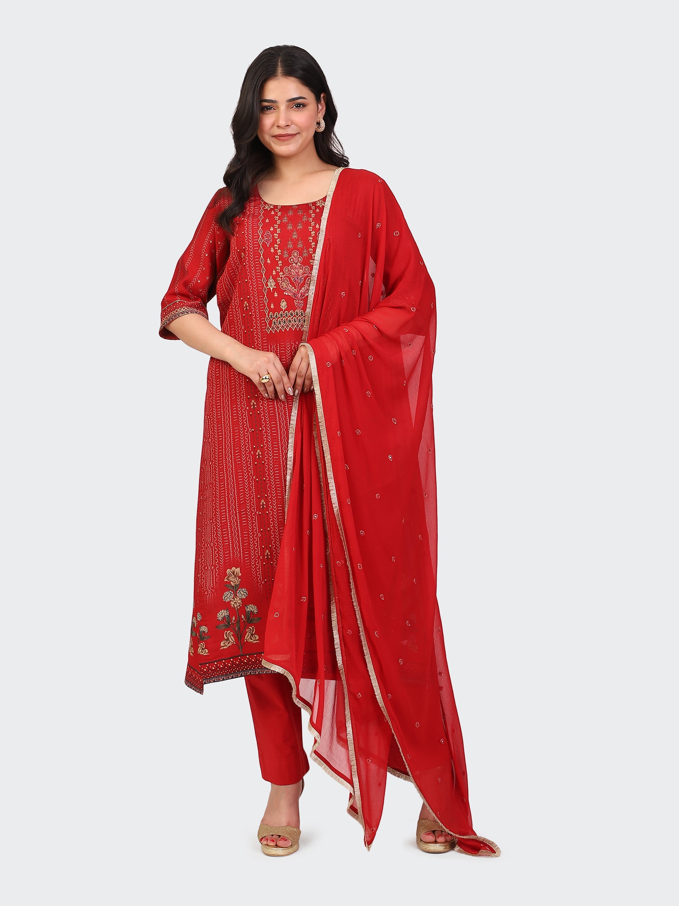 KURTA SET FEATURING HAND-EMBROIDERED FRONT, DUPATTA WITH HAND EMBROIDERY,LACE ALL AROUND-RED
