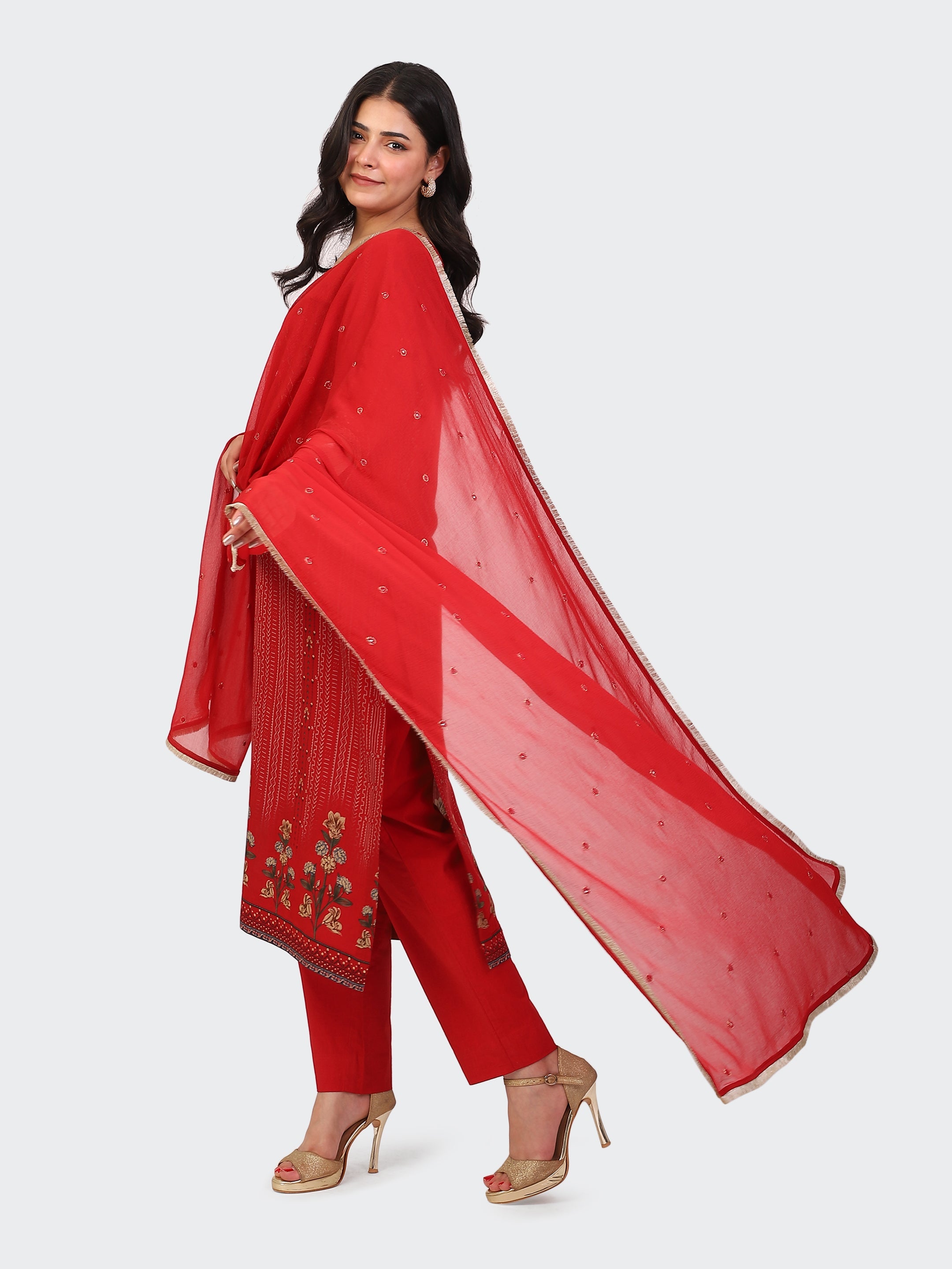 KURTA SET FEATURING HAND-EMBROIDERED FRONT, DUPATTA WITH HAND EMBROIDERY,LACE ALL AROUND-RED