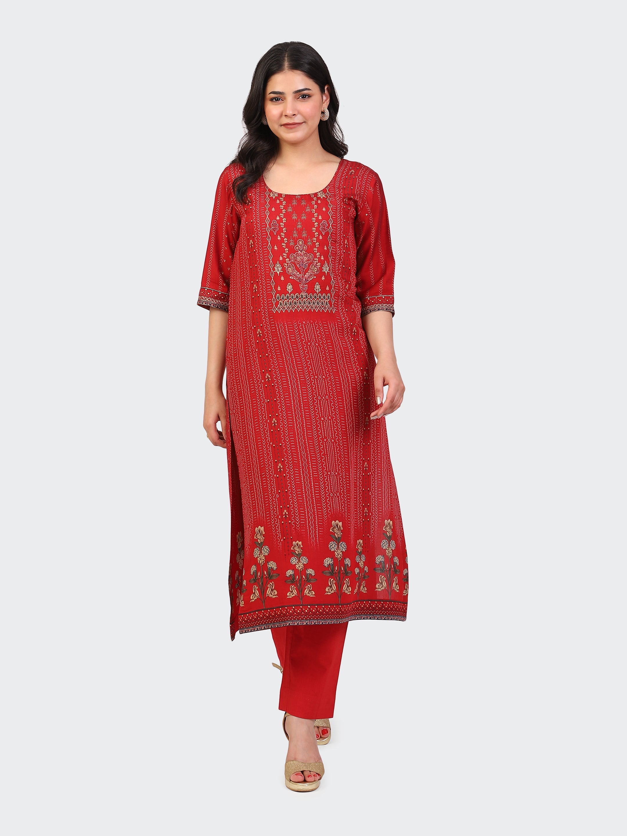 KURTA SET FEATURING HAND-EMBROIDERED FRONT, DUPATTA WITH HAND EMBROIDERY,LACE ALL AROUND-RED