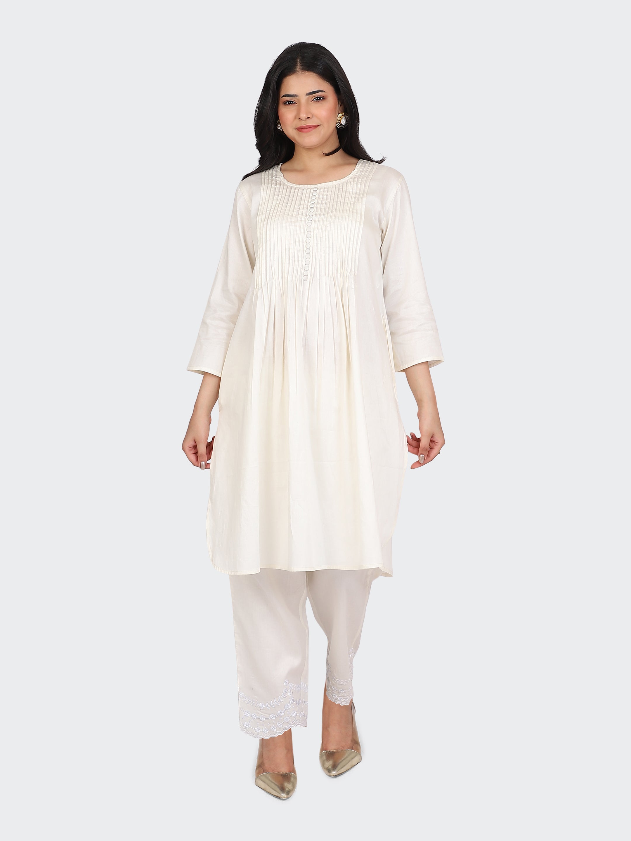KURTA SET FEATURING PALAZZO, EMBROIDERY ON BOTTOM-CREAM