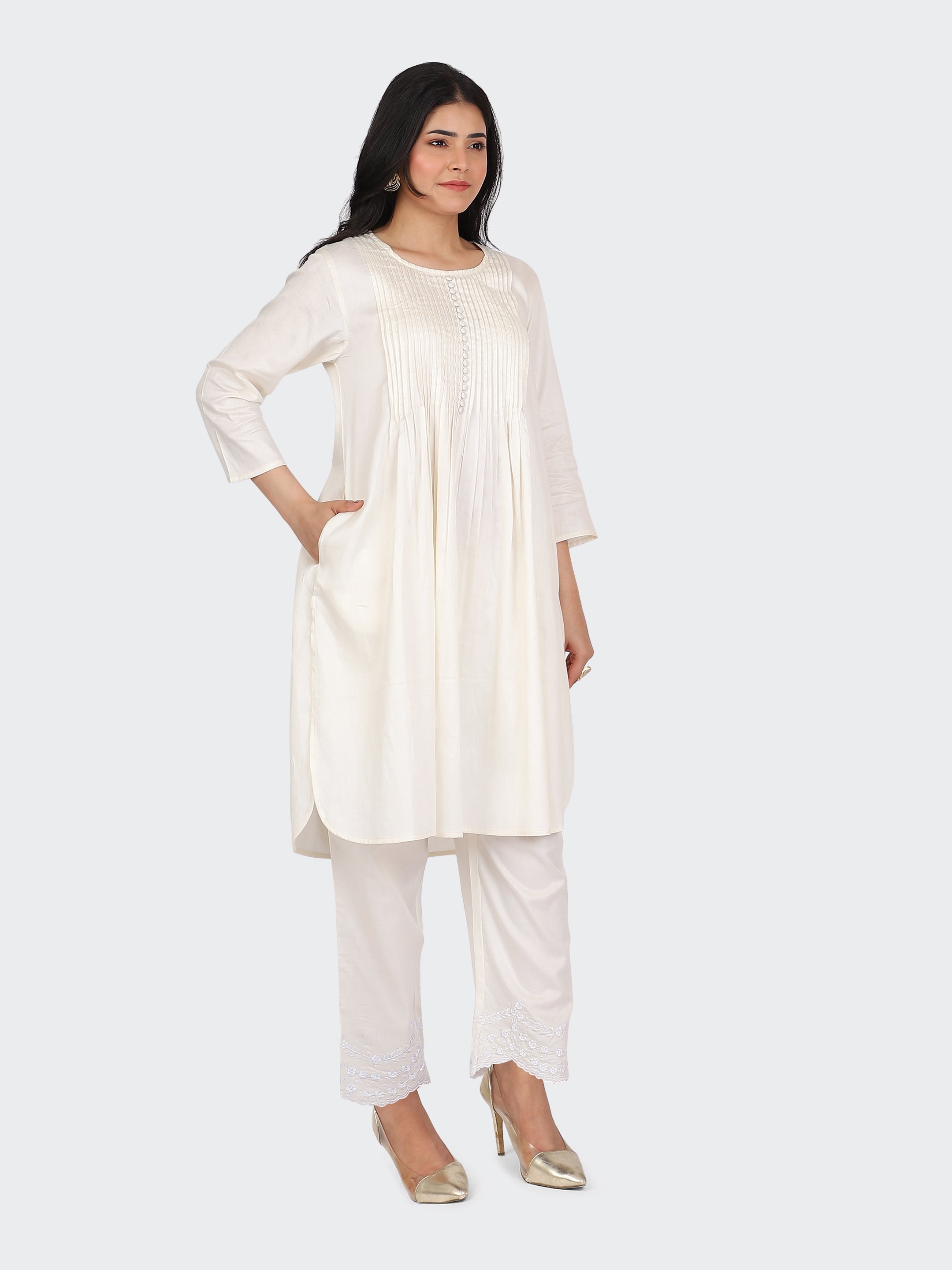 KURTA SET FEATURING PALAZZO, EMBROIDERY ON BOTTOM-CREAM