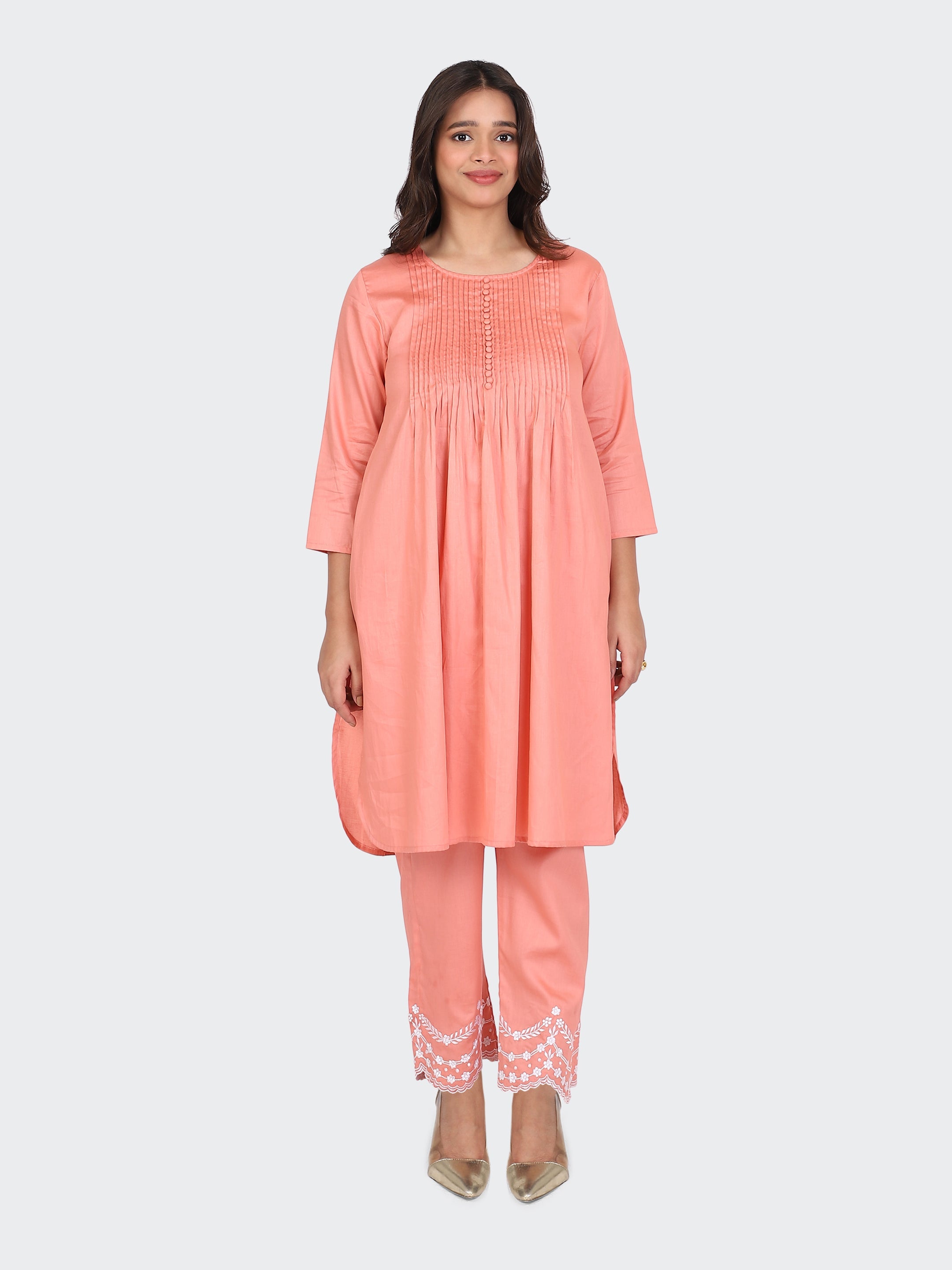 KURTA SET FEATURING PALAZZO, EMBROIDERY ON BOTTOM-PEACH