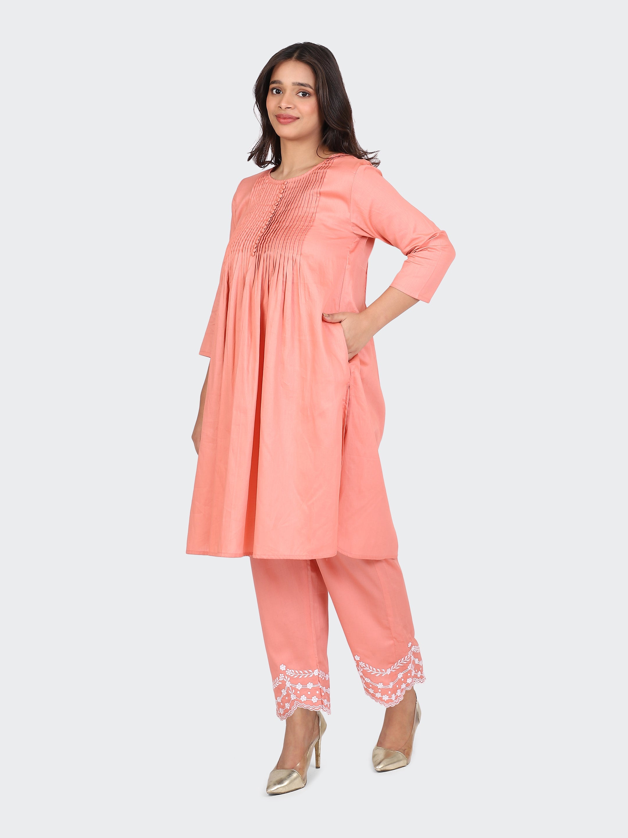 KURTA SET FEATURING PALAZZO, EMBROIDERY ON BOTTOM-PEACH