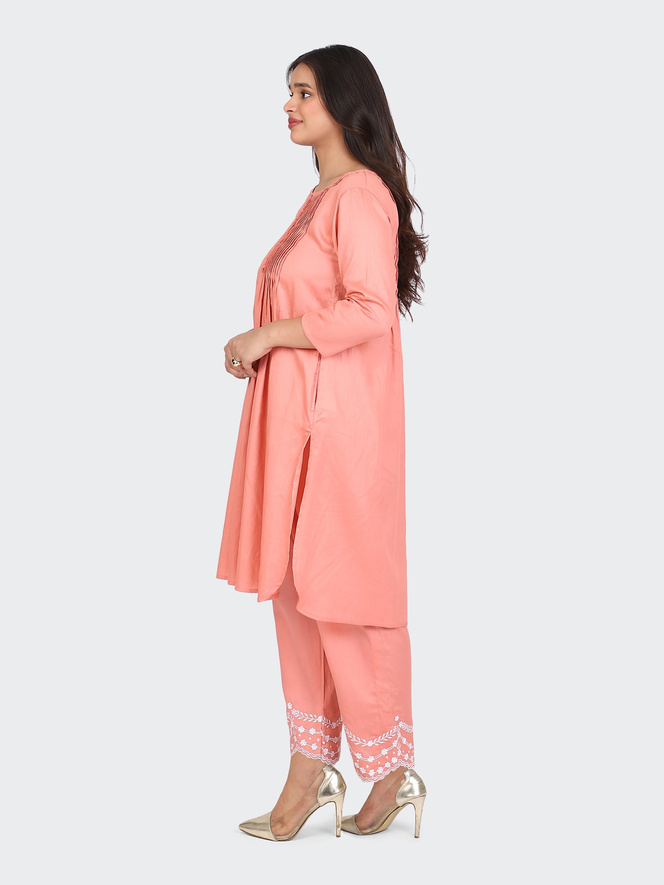 KURTA SET FEATURING PALAZZO, EMBROIDERY ON BOTTOM-PEACH