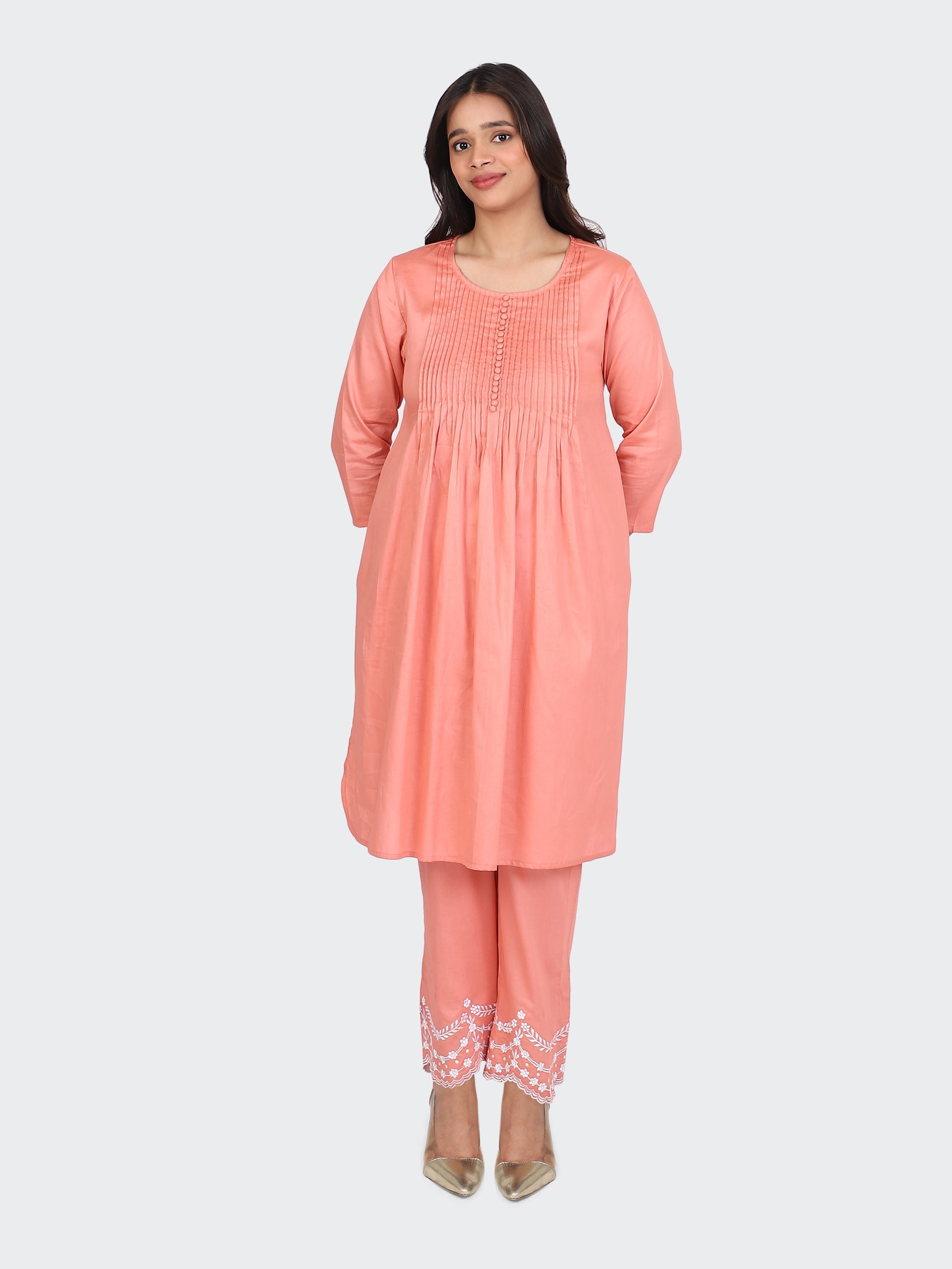 KURTA SET FEATURING PALAZZO, EMBROIDERY ON BOTTOM-PEACH