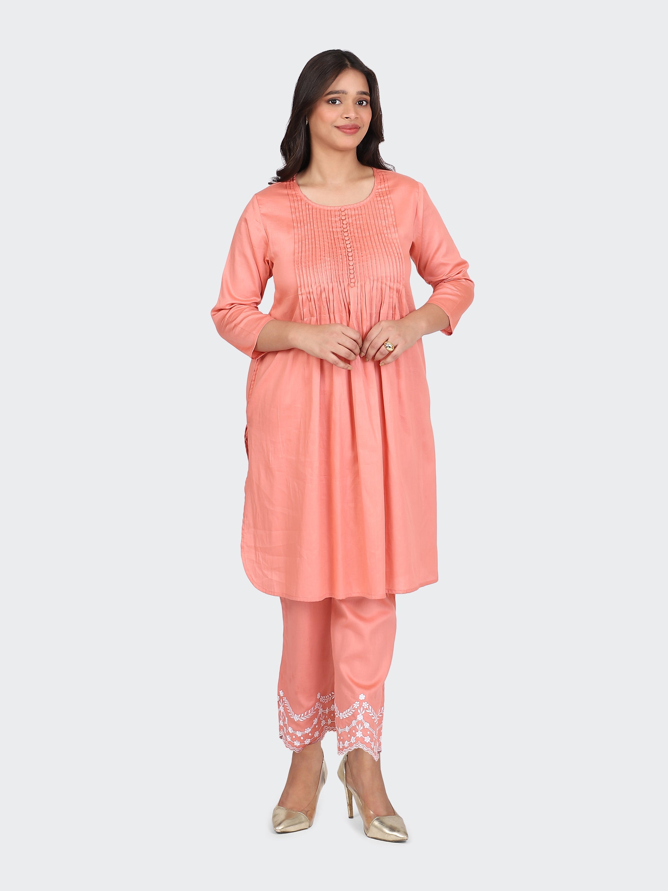 KURTA SET FEATURING PALAZZO, EMBROIDERY ON BOTTOM-PEACH