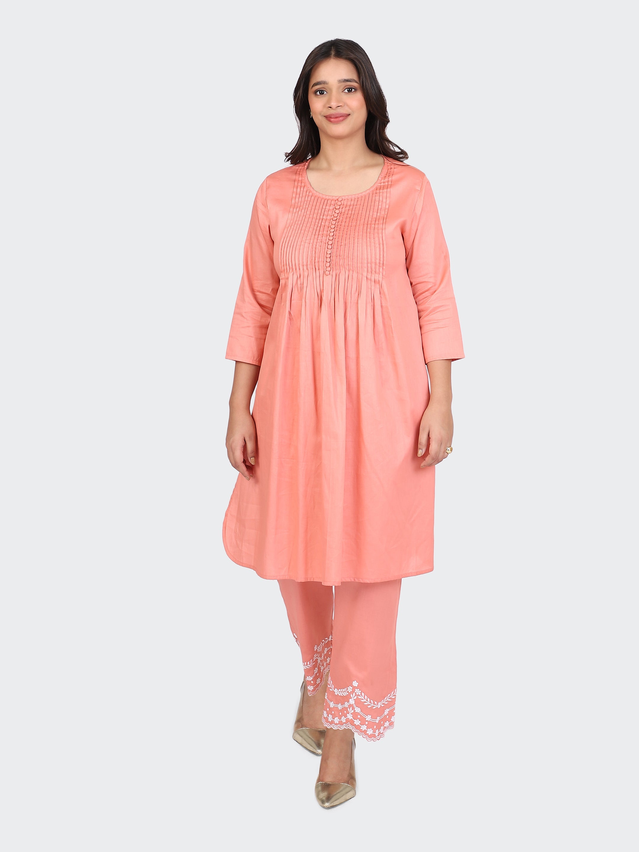KURTA SET FEATURING PALAZZO, EMBROIDERY ON BOTTOM-PEACH