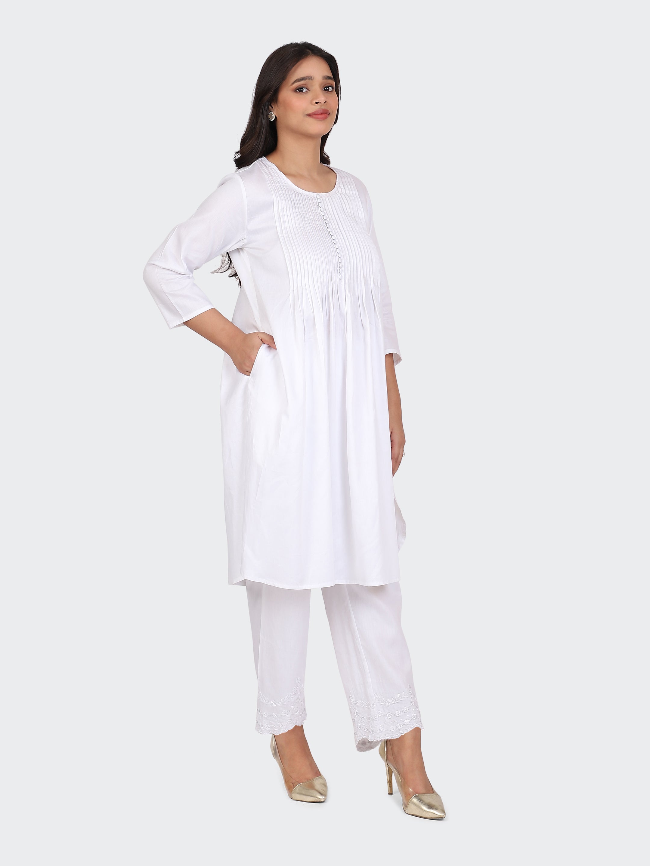 KURTA SET FEATURING PALAZZO, EMBROIDERY ON BOTTOM-WHITE