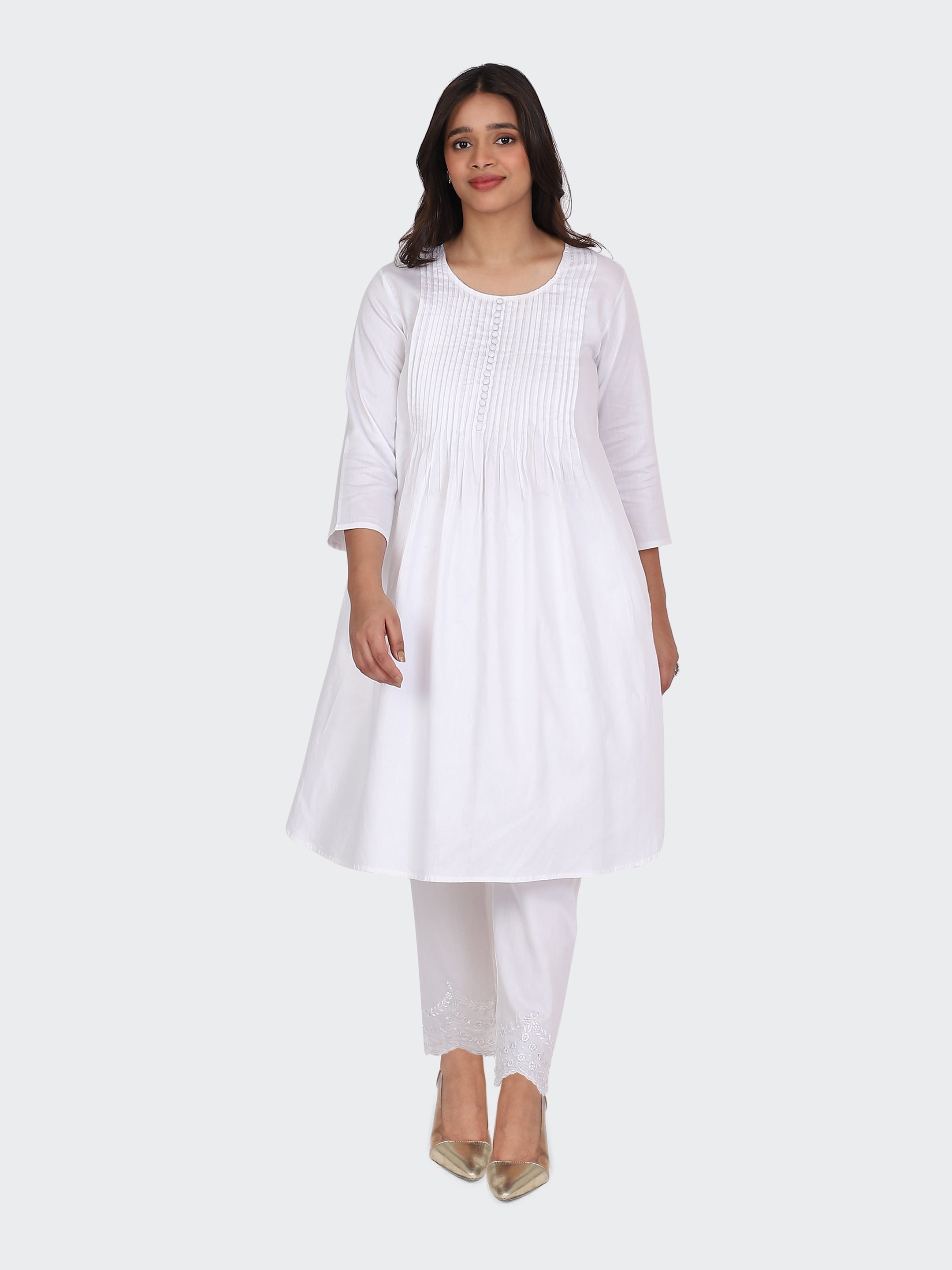 KURTA SET FEATURING PALAZZO, EMBROIDERY ON BOTTOM-WHITE