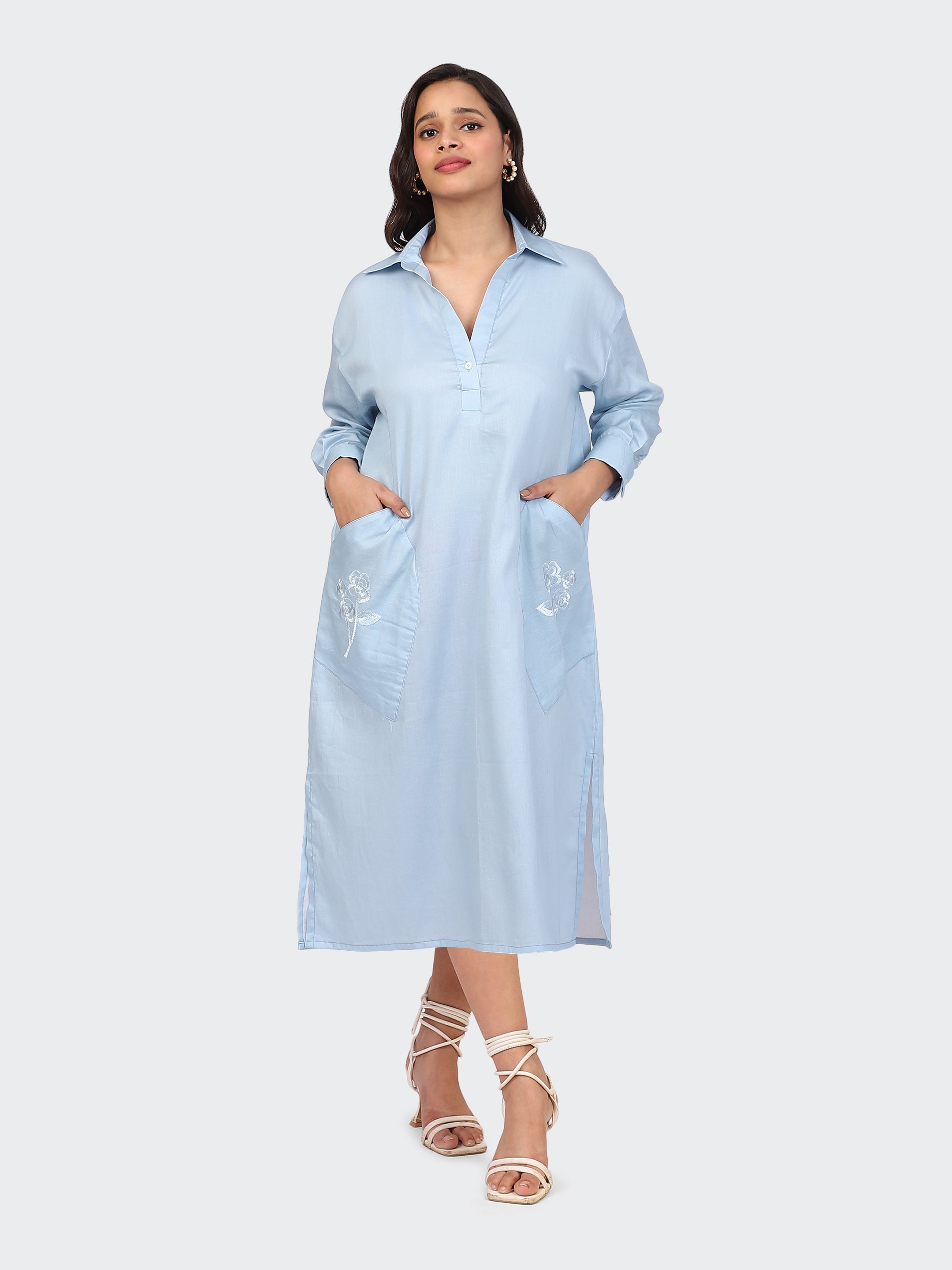 OVERSIZED CALF-LENGTH DRESS FEATURING EMBROIDERED POCKETS-SKYBLUE