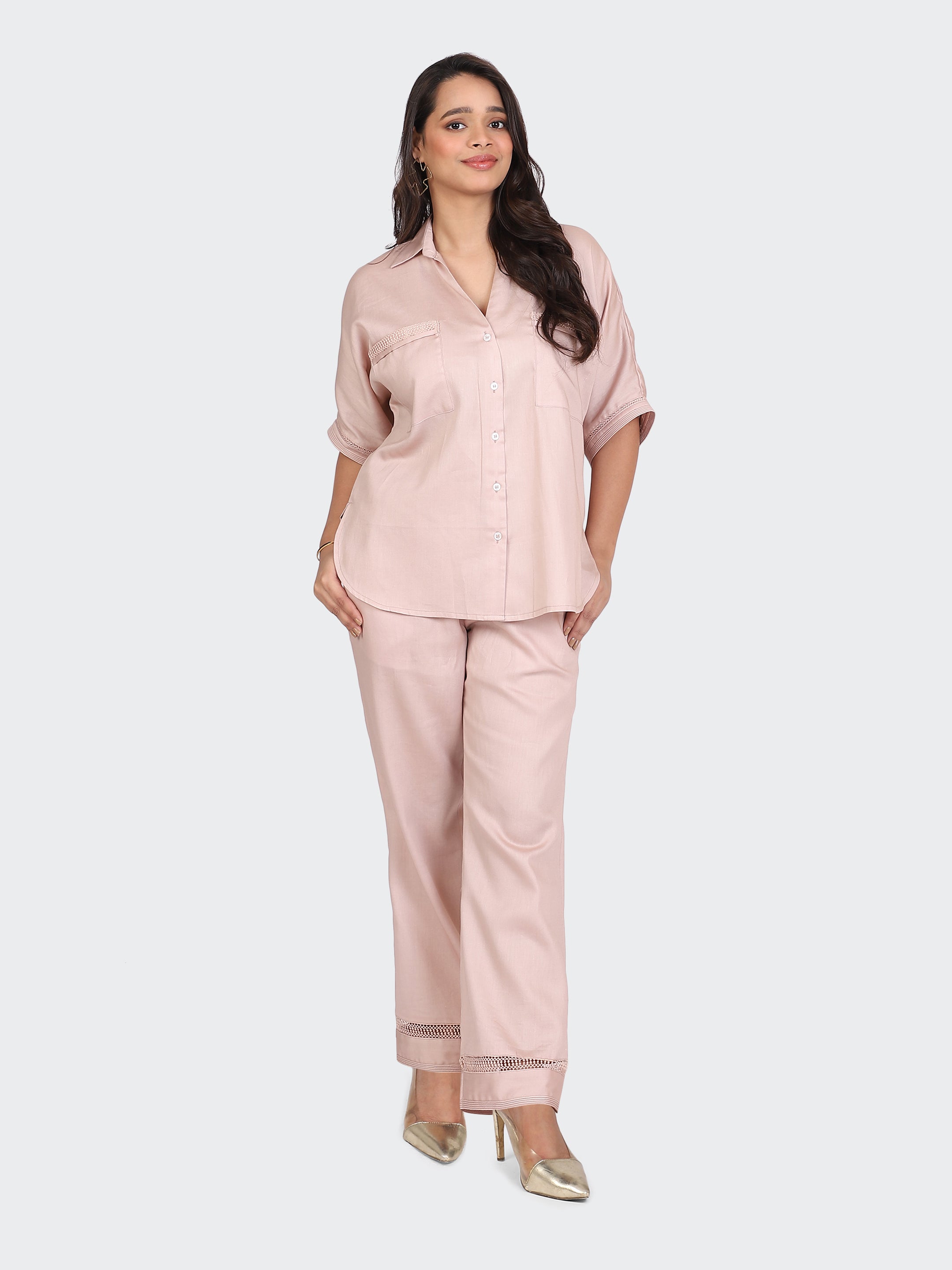 CO-ORDS DECORATIVE LACES ON POCKETS, SLEEVES, BACK, AND PANT BOTTOM-DUSTY ROSE