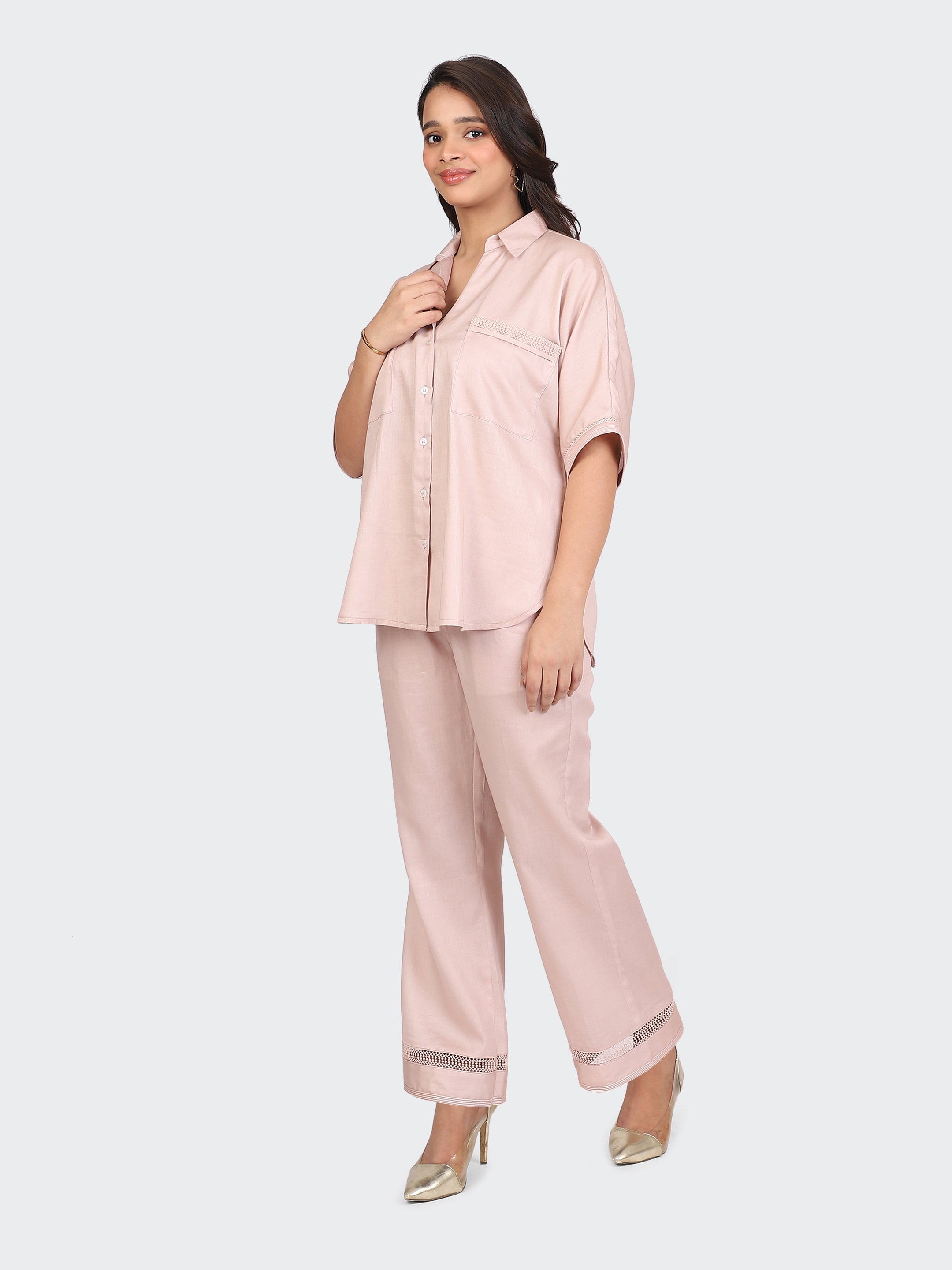 CO-ORDS DECORATIVE LACES ON POCKETS, SLEEVES, BACK, AND PANT BOTTOM-DUSTY ROSE