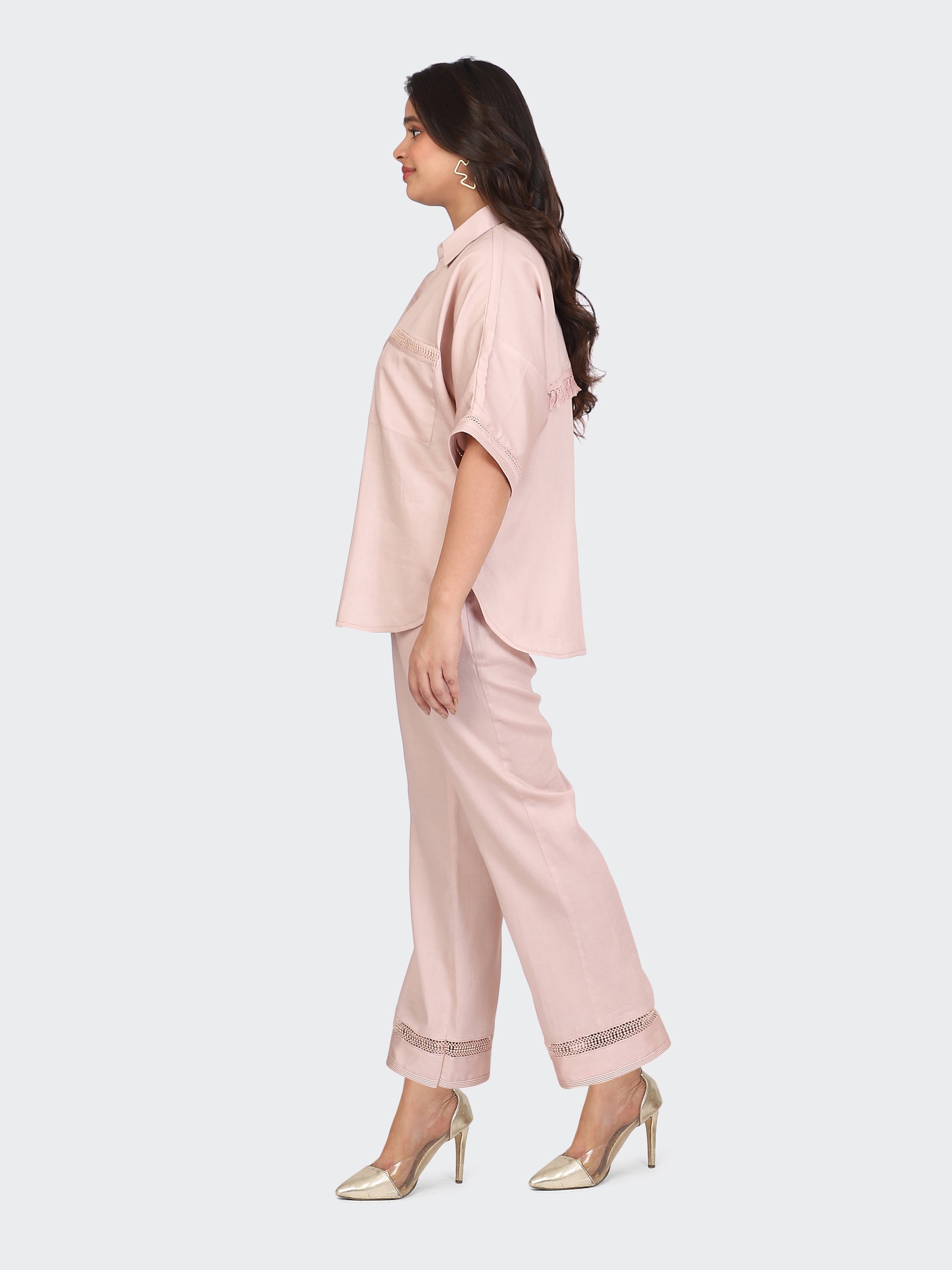 CO-ORDS DECORATIVE LACES ON POCKETS, SLEEVES, BACK, AND PANT BOTTOM-DUSTY ROSE