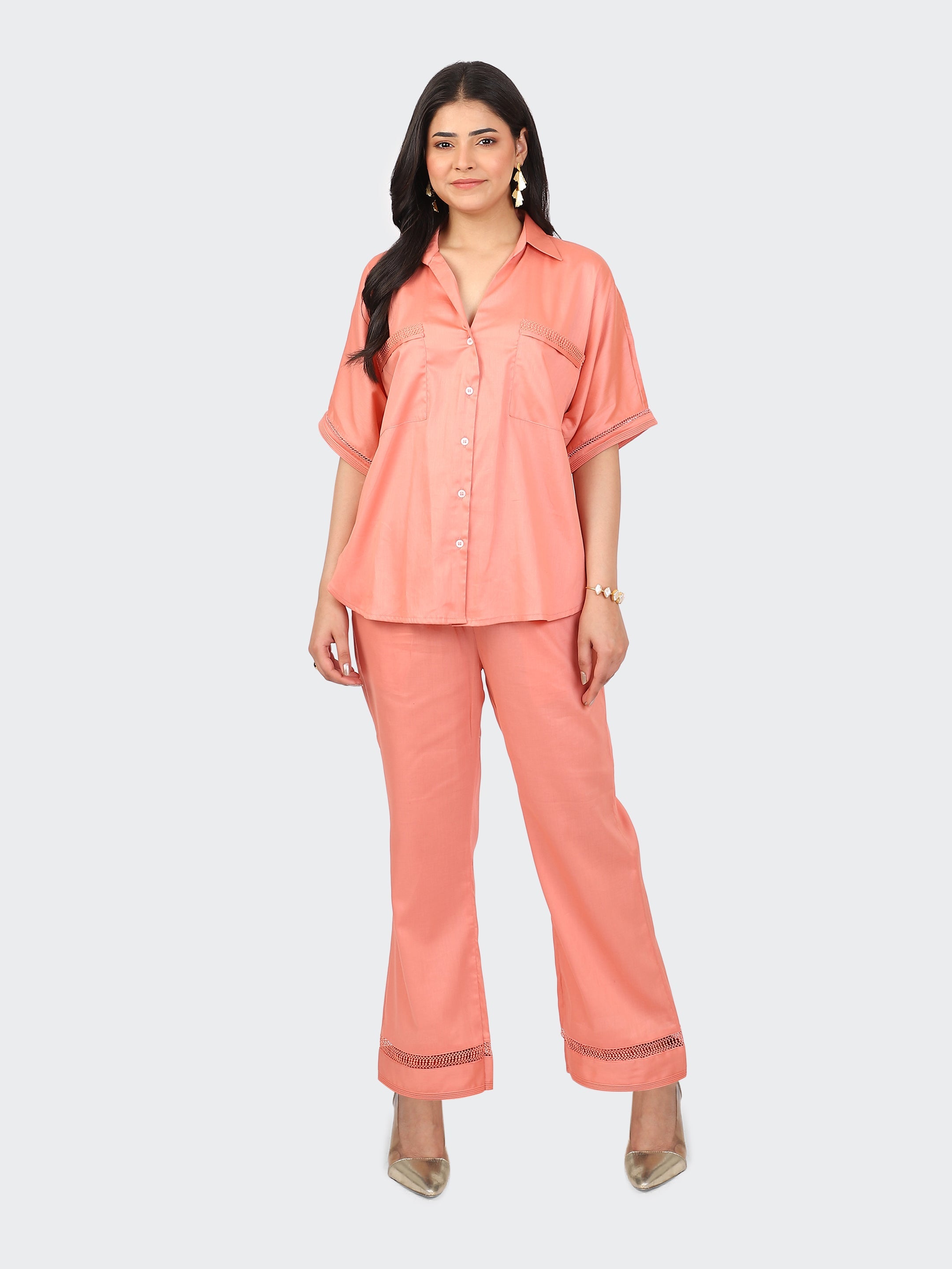 CO-ORDS DECORATIVE LACES ON POCKETS, SLEEVES, BACK, AND PANT BOTTOM-PEACH