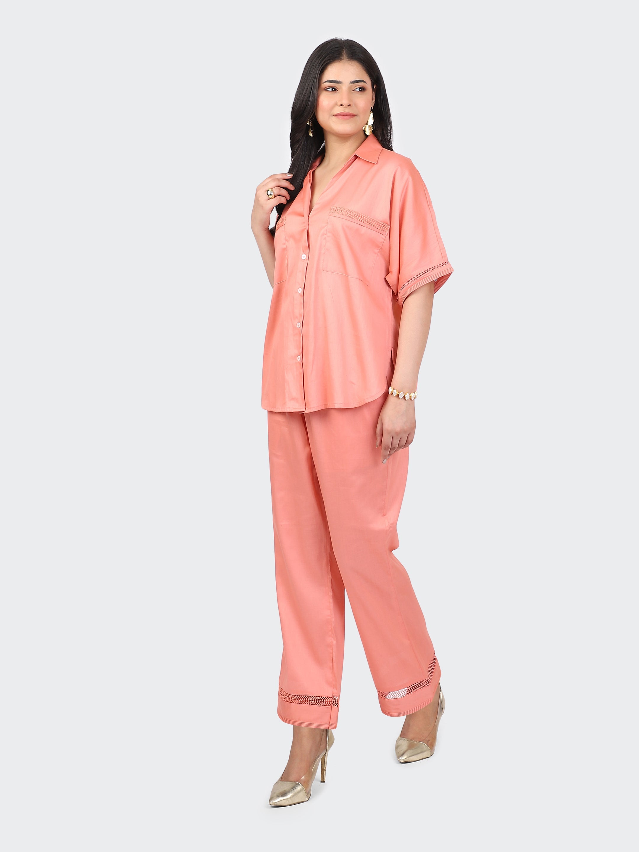 CO-ORDS DECORATIVE LACES ON POCKETS, SLEEVES, BACK, AND PANT BOTTOM-PEACH