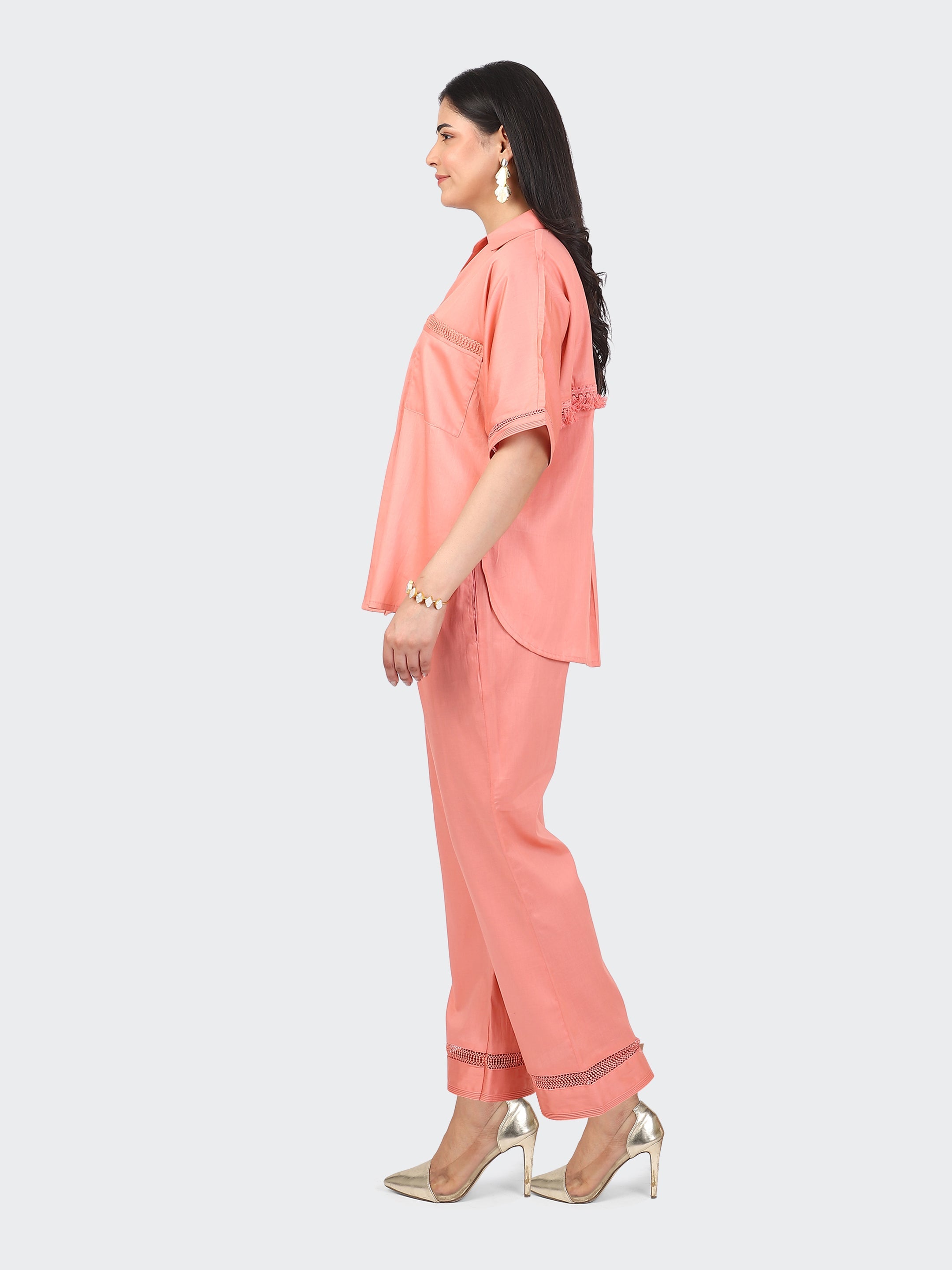 CO-ORDS DECORATIVE LACES ON POCKETS, SLEEVES, BACK, AND PANT BOTTOM-PEACH