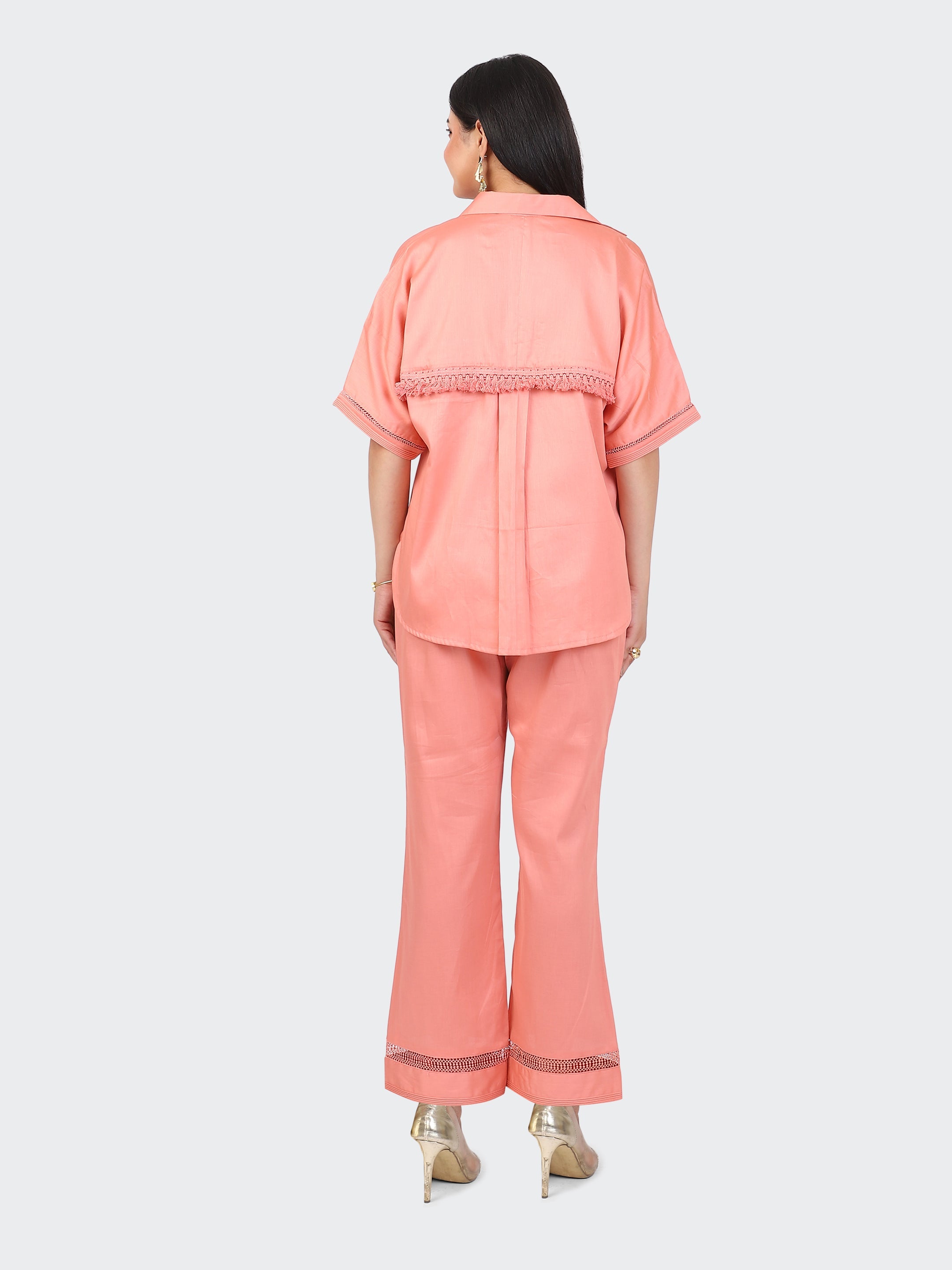 CO-ORDS DECORATIVE LACES ON POCKETS, SLEEVES, BACK, AND PANT BOTTOM-PEACH