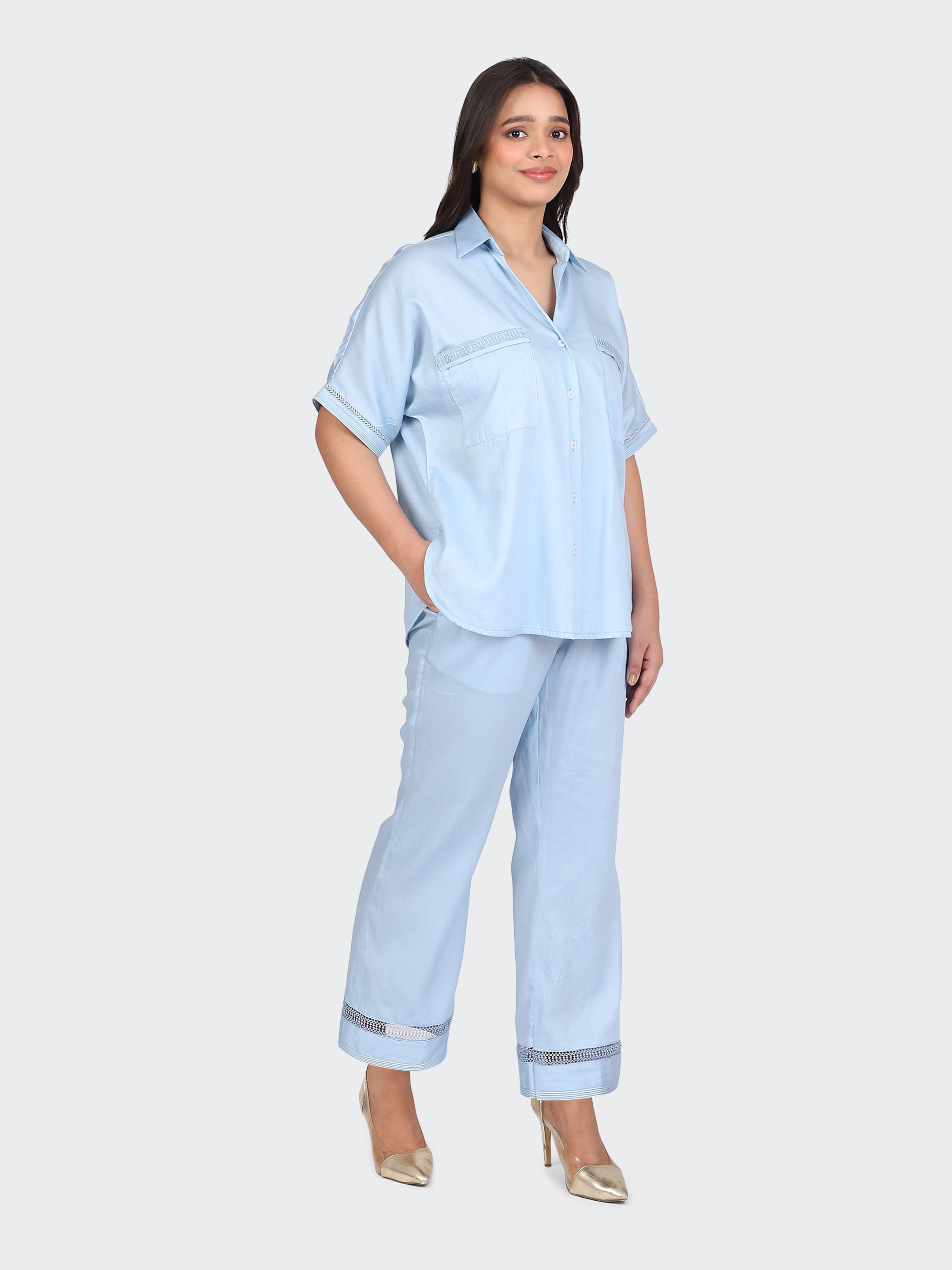 CO-ORDS DECORATIVE LACES ON POCKETS, SLEEVES, BACK, AND PANT BOTTOM-SKYBLUE
