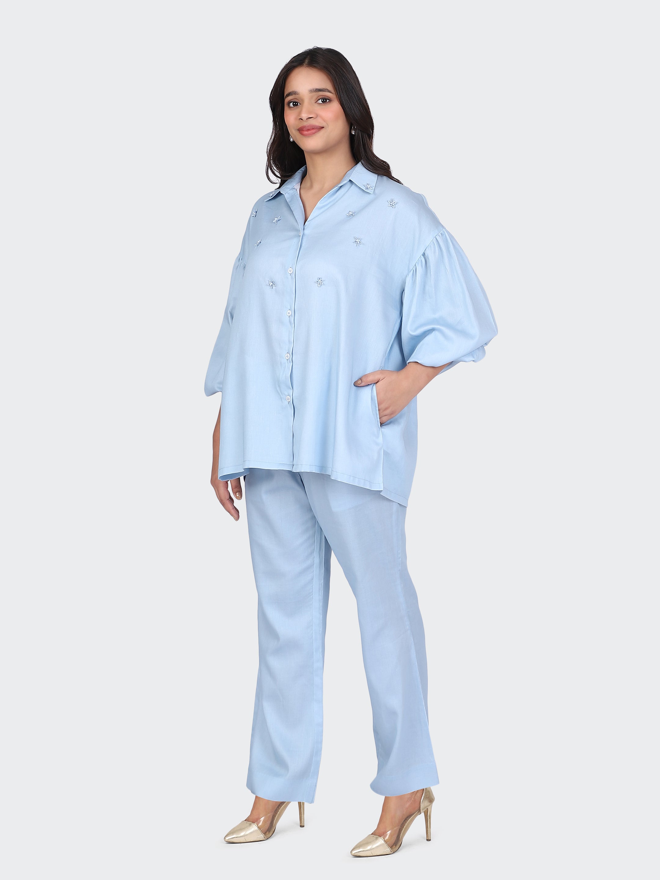 FINE COTTON COMFORTABLE CO-ORD SET-SKYBLUE