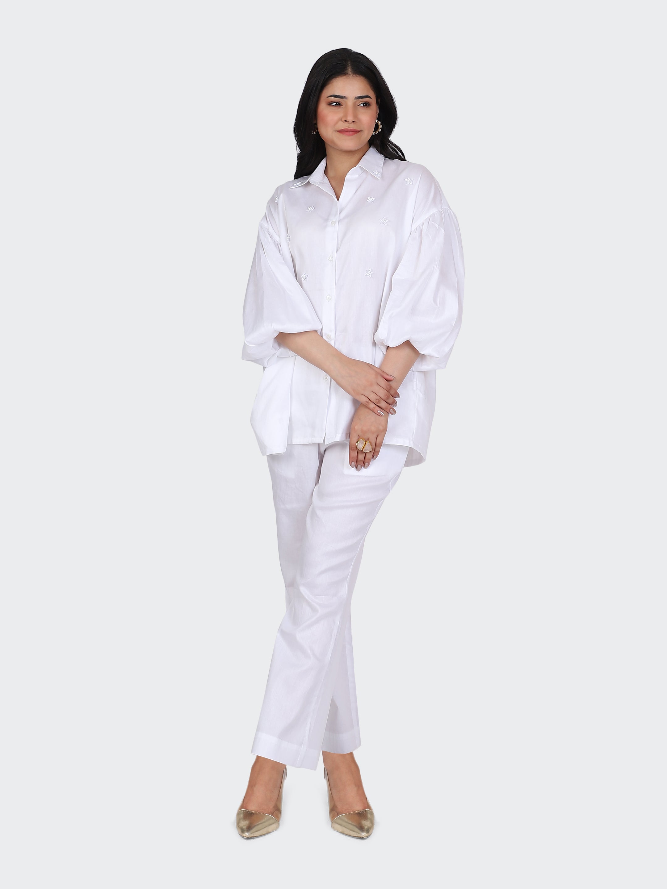 FINE COTTON COMFORTABLE CO-ORD SET-WHITE