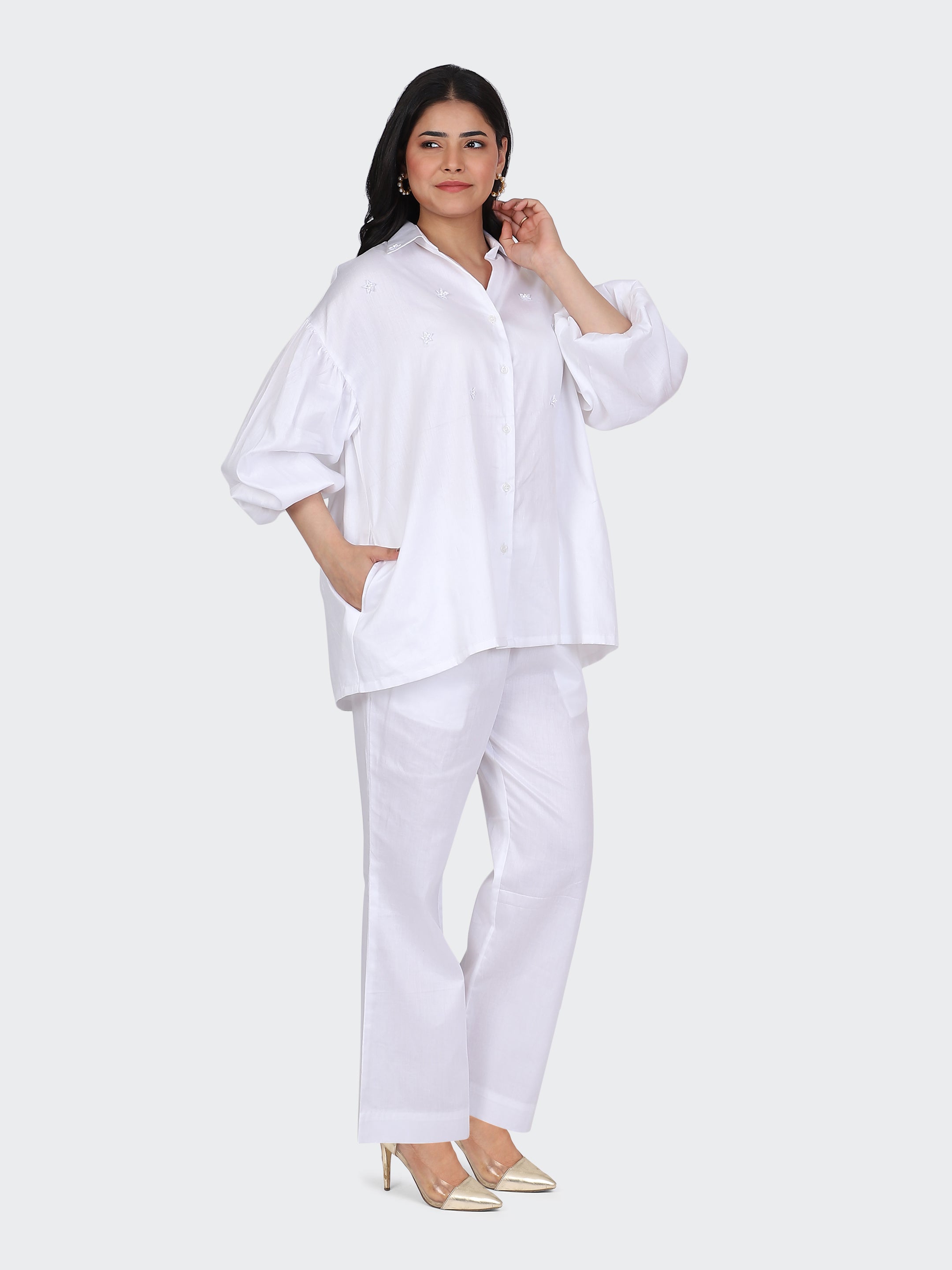 FINE COTTON COMFORTABLE CO-ORD SET-WHITE