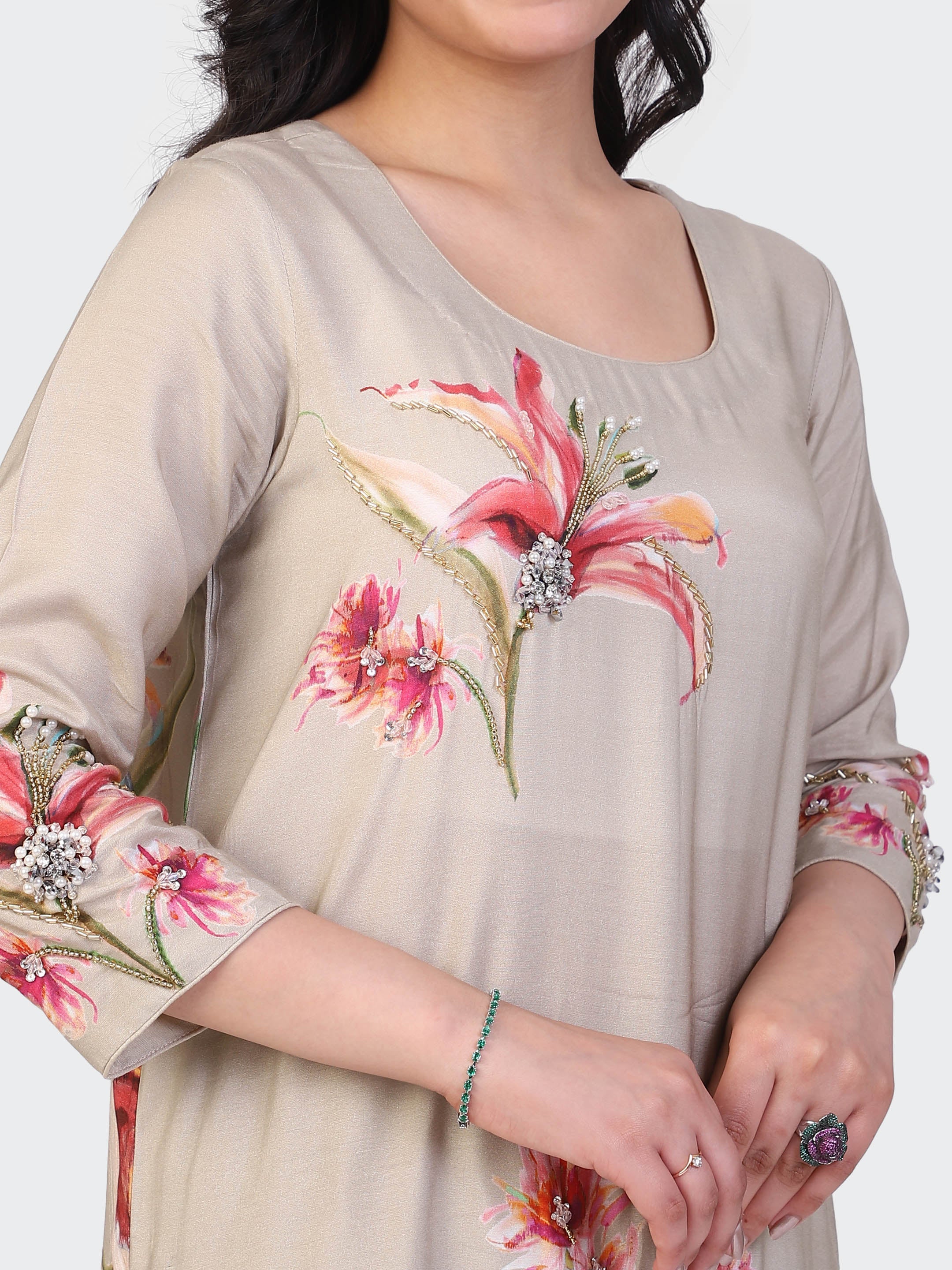 KURTA SET FEATURING HAND-EMBROIDERED FRONT, SLEEVES, AND DUPATTA-BEIGE