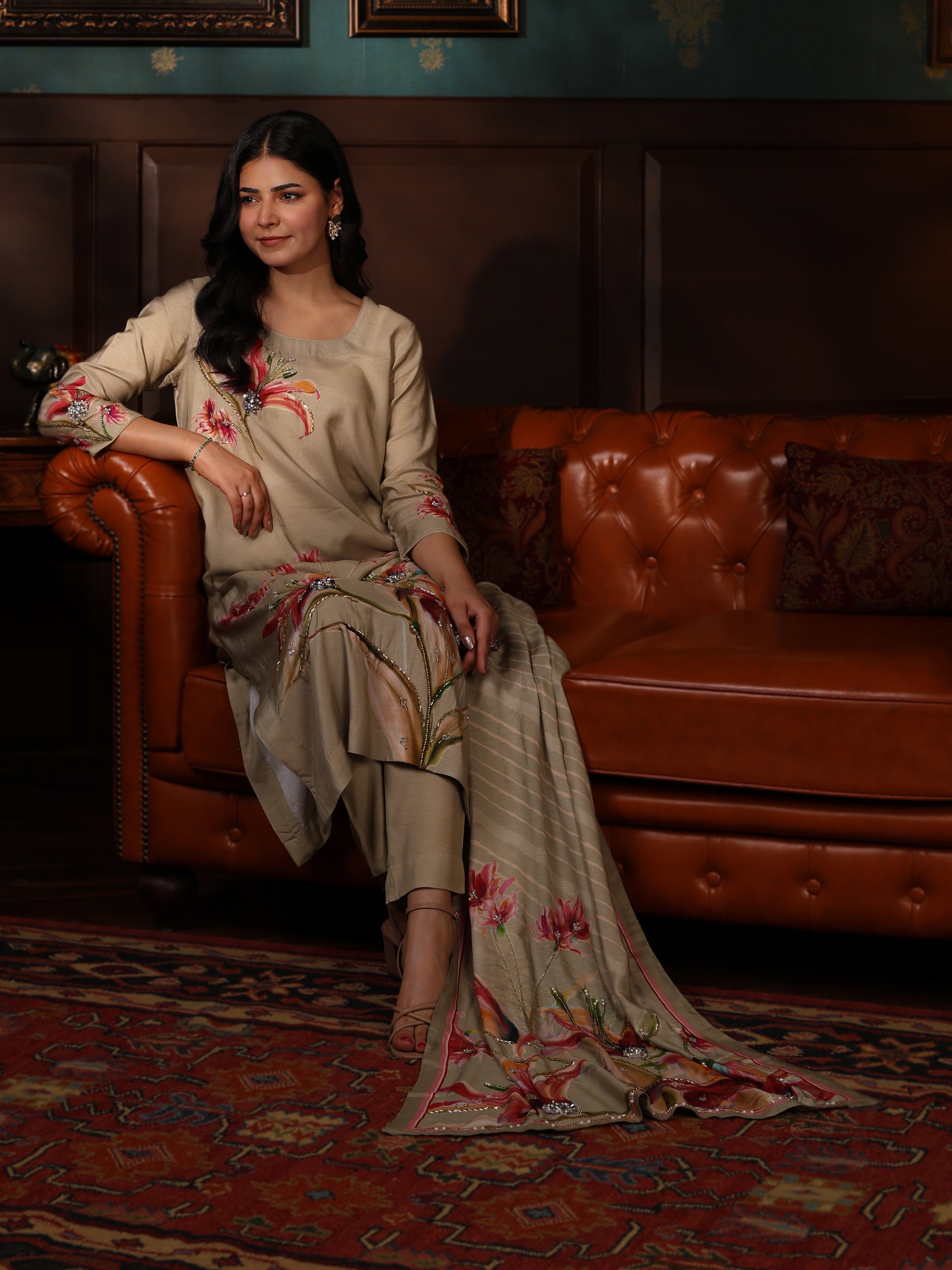 KURTA SET FEATURING HAND-EMBROIDERED FRONT, SLEEVES, AND DUPATTA-BEIGE