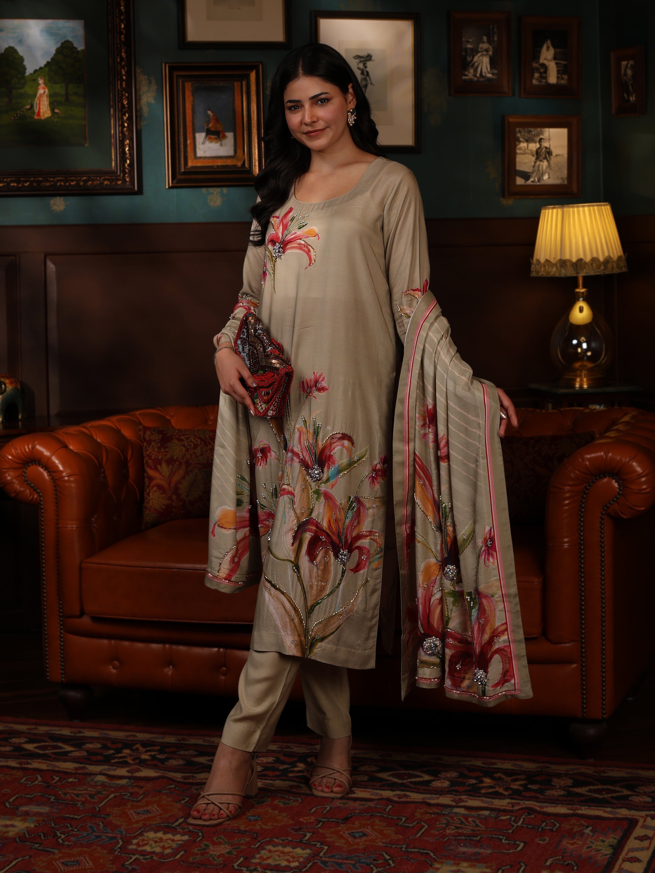 KURTA SET FEATURING HAND-EMBROIDERED FRONT, SLEEVES, AND DUPATTA-BEIGE