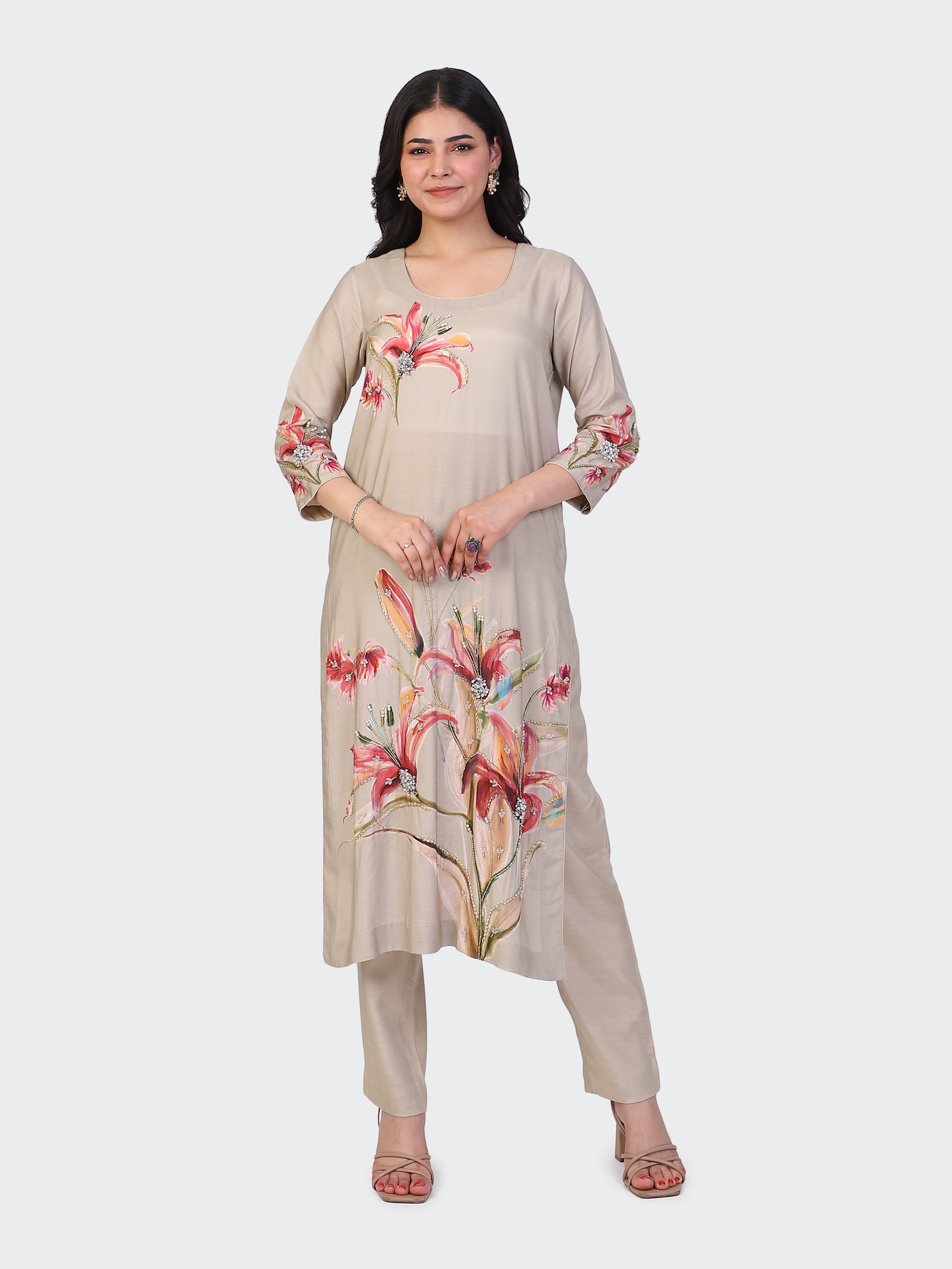 KURTA SET FEATURING HAND-EMBROIDERED FRONT, SLEEVES, AND DUPATTA-BEIGE