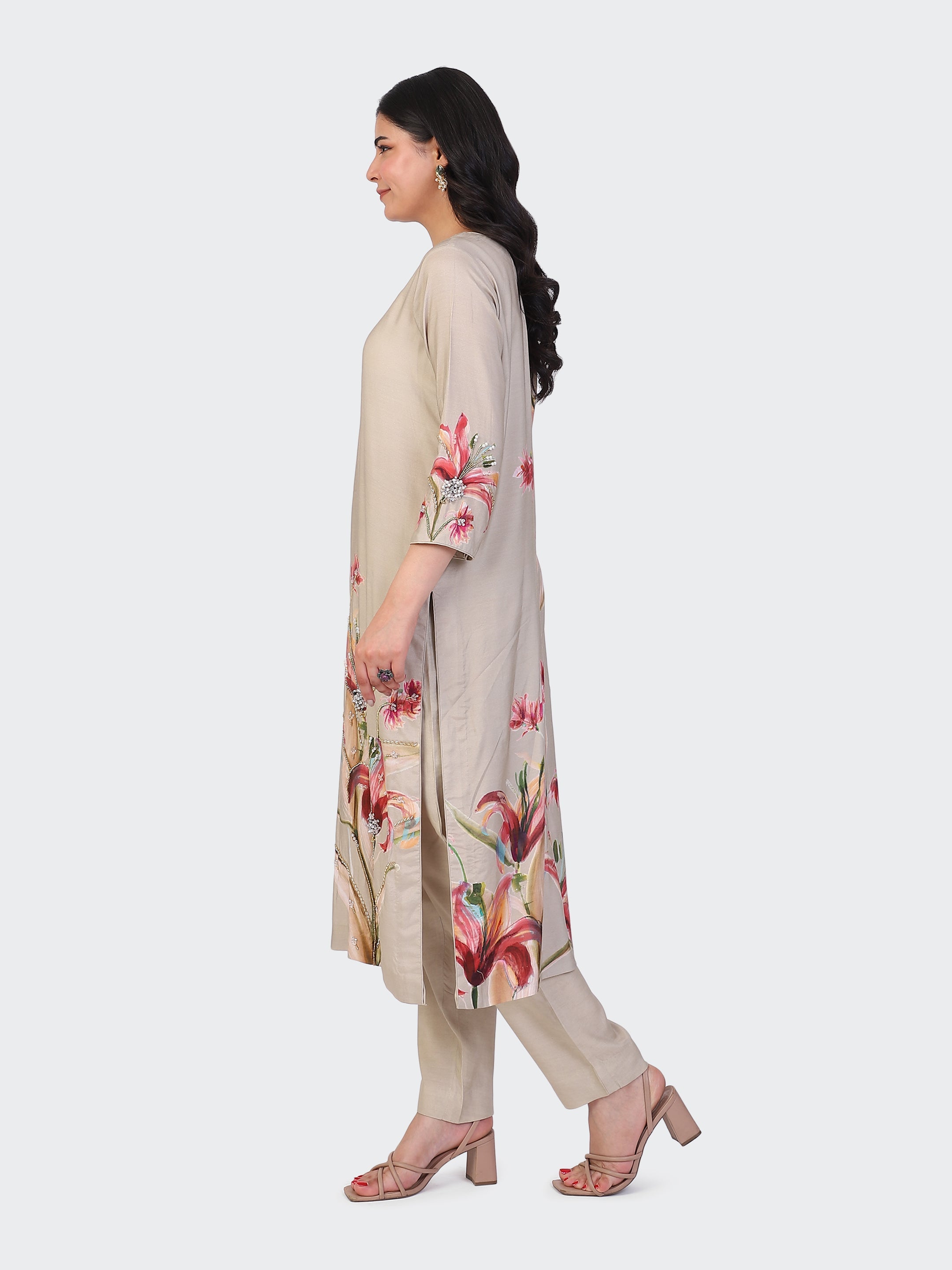 KURTA SET FEATURING HAND-EMBROIDERED FRONT, SLEEVES, AND DUPATTA-BEIGE