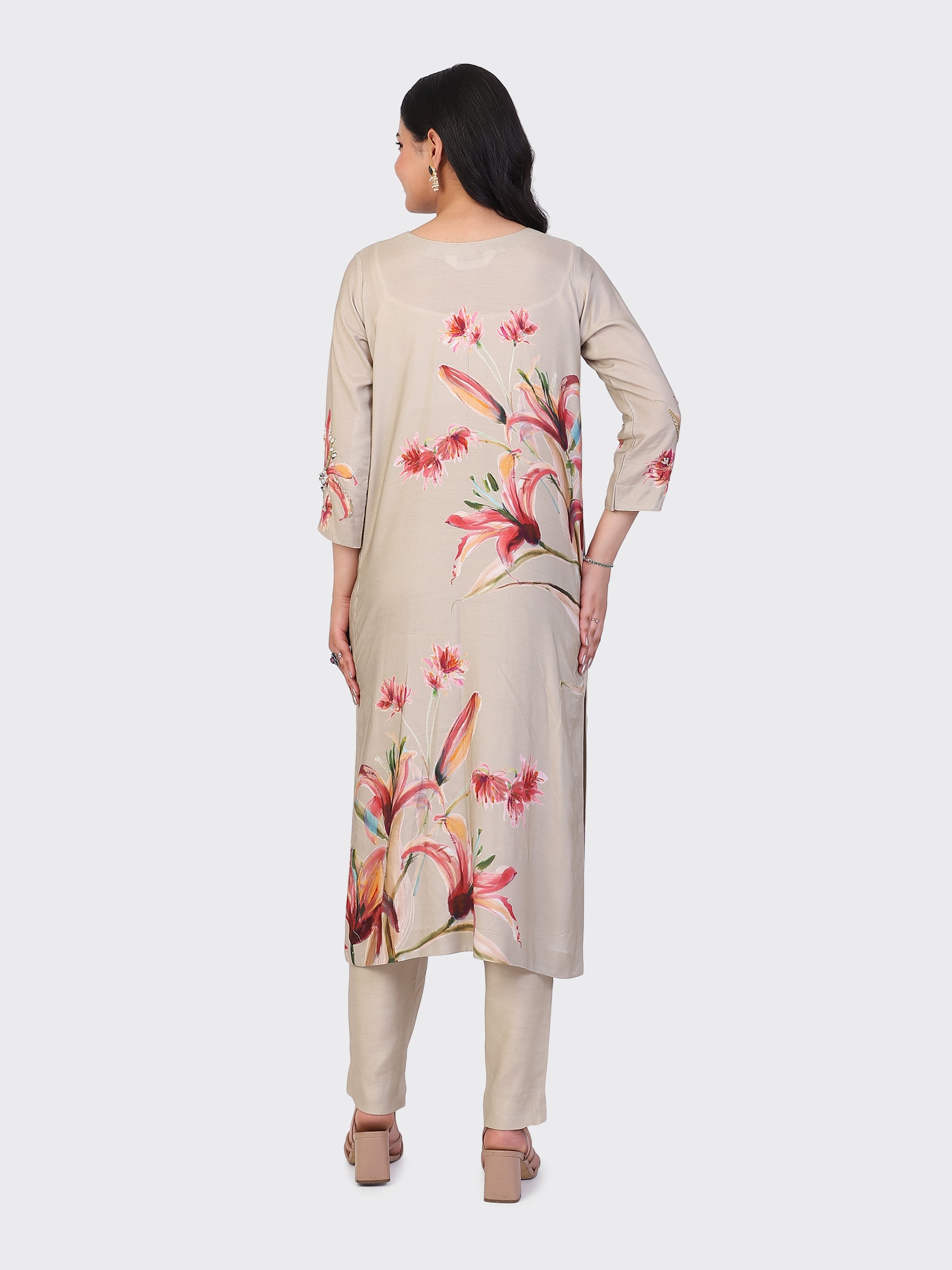 KURTA SET FEATURING HAND-EMBROIDERED FRONT, SLEEVES, AND DUPATTA-BEIGE