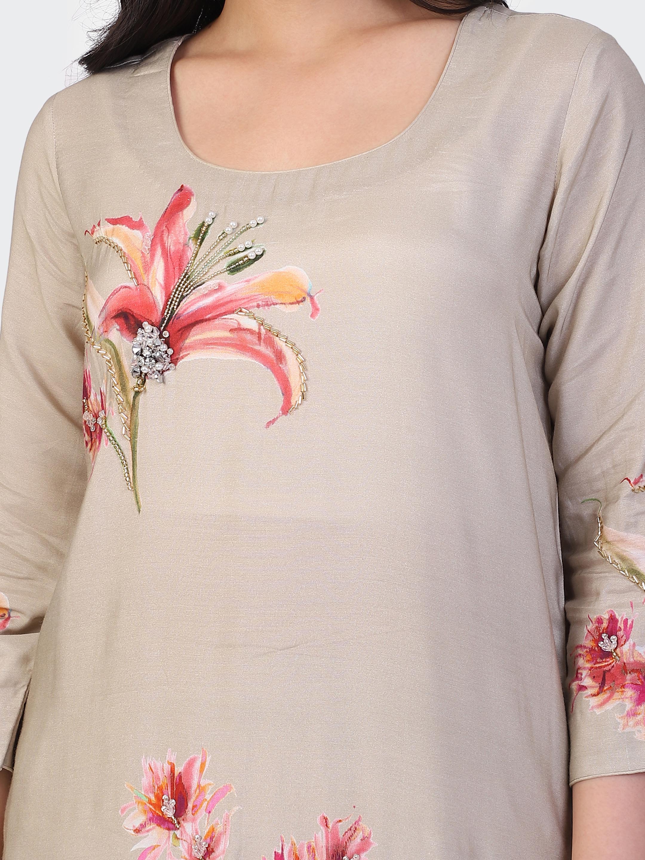 KURTA SET FEATURING HAND-EMBROIDERED FRONT, SLEEVES, AND DUPATTA-BEIGE