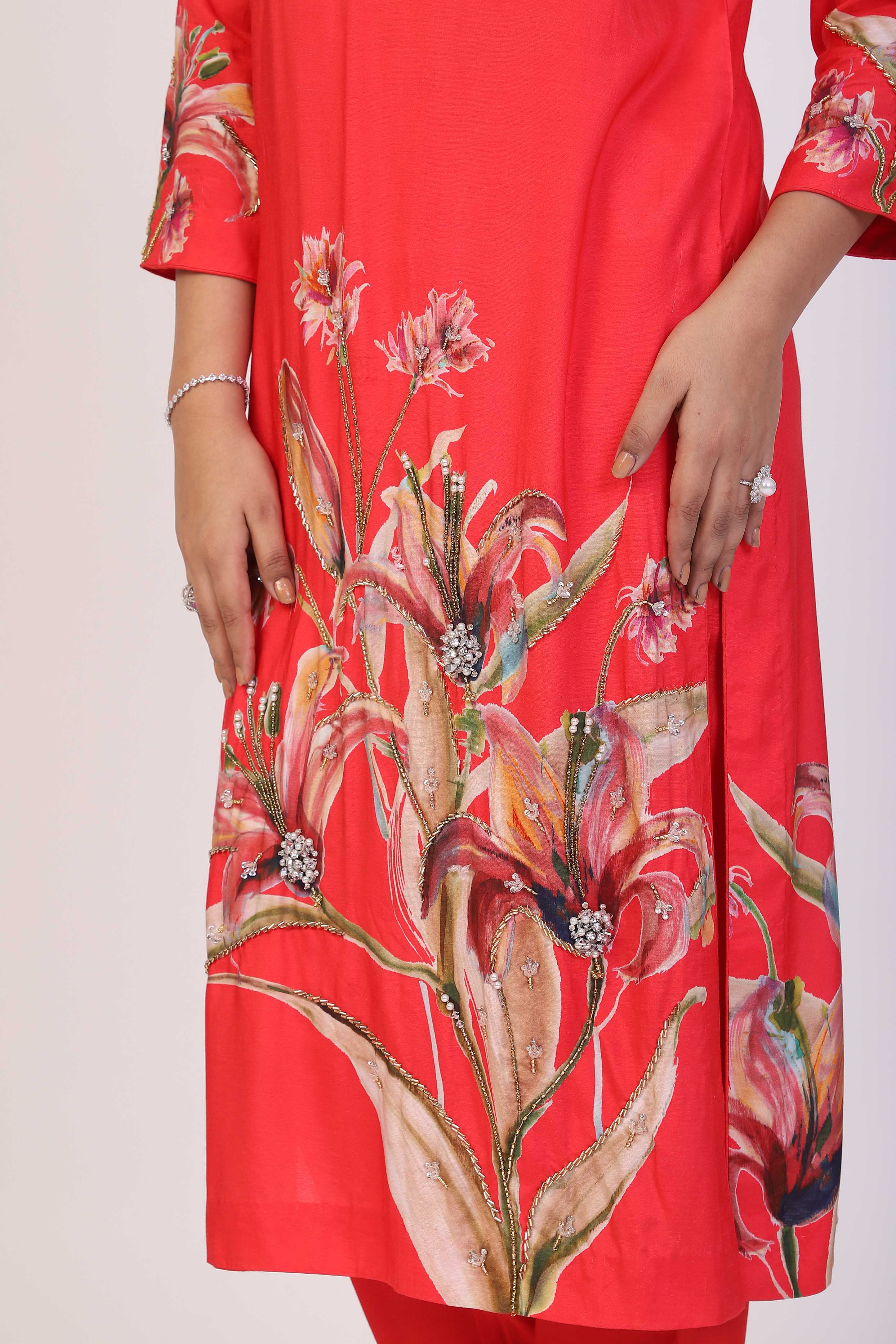 KURTA SET FEATURING HAND-EMBROIDERED FRONT, SLEEVES, AND DUPATTA-RED